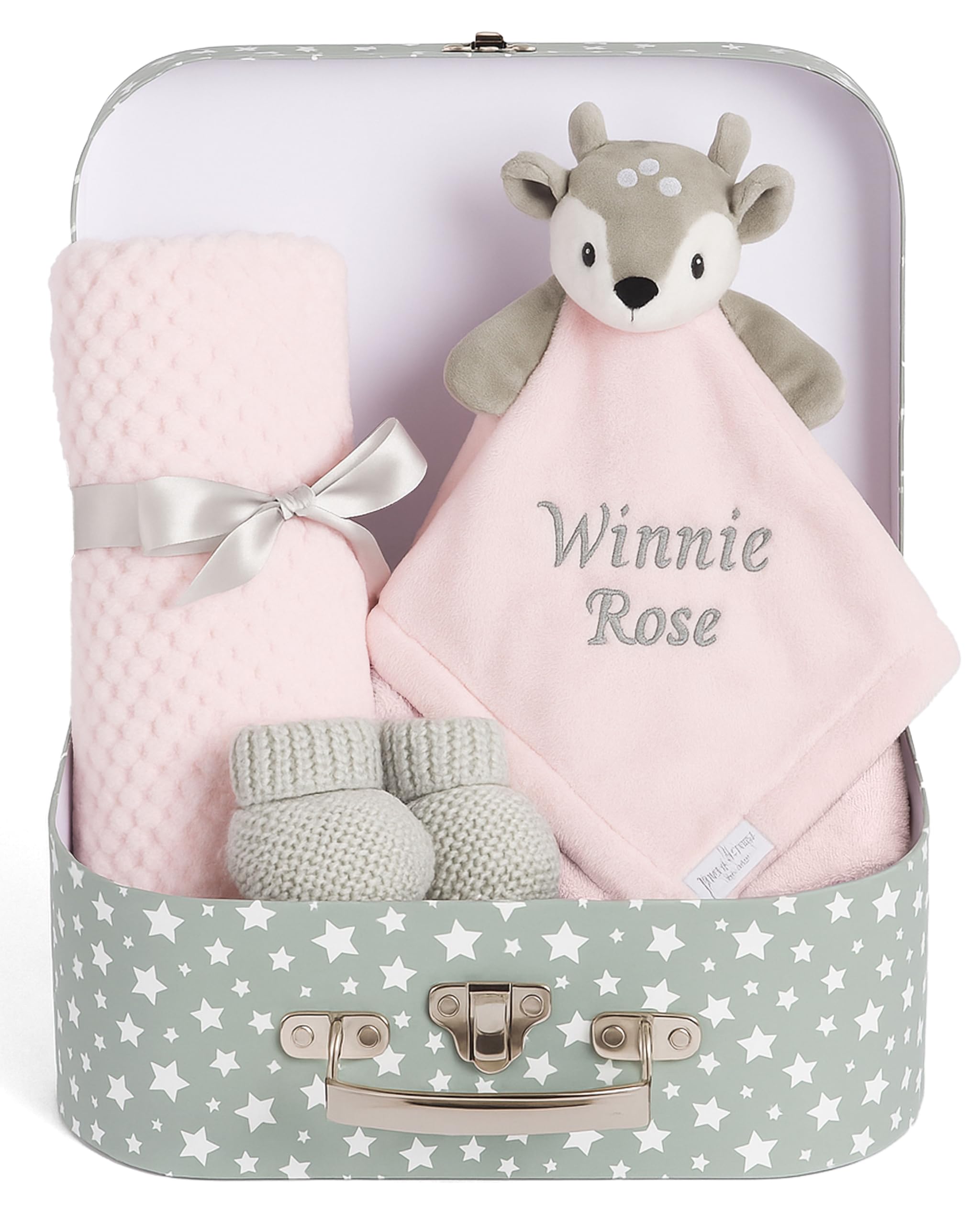 Hoolaroo Women's Pink Deer New Baby Girl Gifts Newborn Box Fleece Blanket, Fawn Comforter, Knit Booties, Hamper Suitcase Pink Present Girls