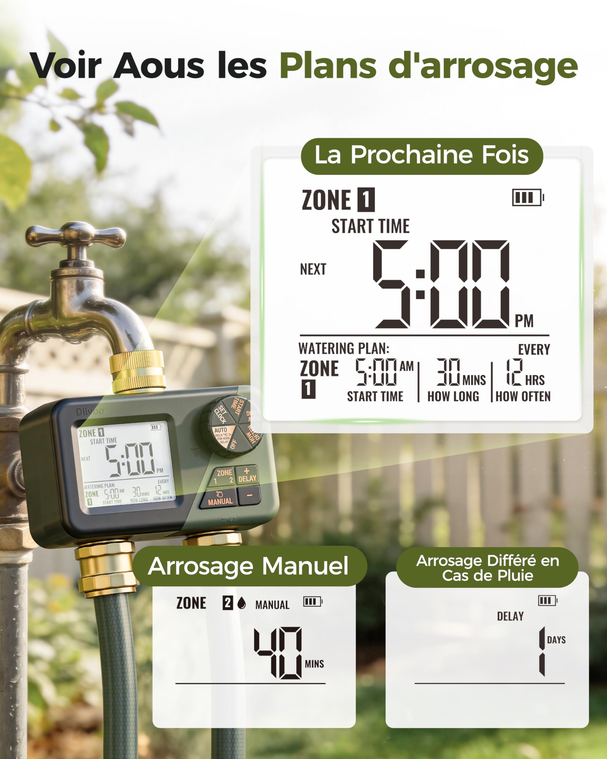 Diivoo Programmateur Arrosage Automatique avec Entrée et Sortie en Laiton, IP66 Minuteur Arrosage avec Grand Écran LCD, Retard de Pluie, Arrosage Manuel pour Pelouse et Jardin