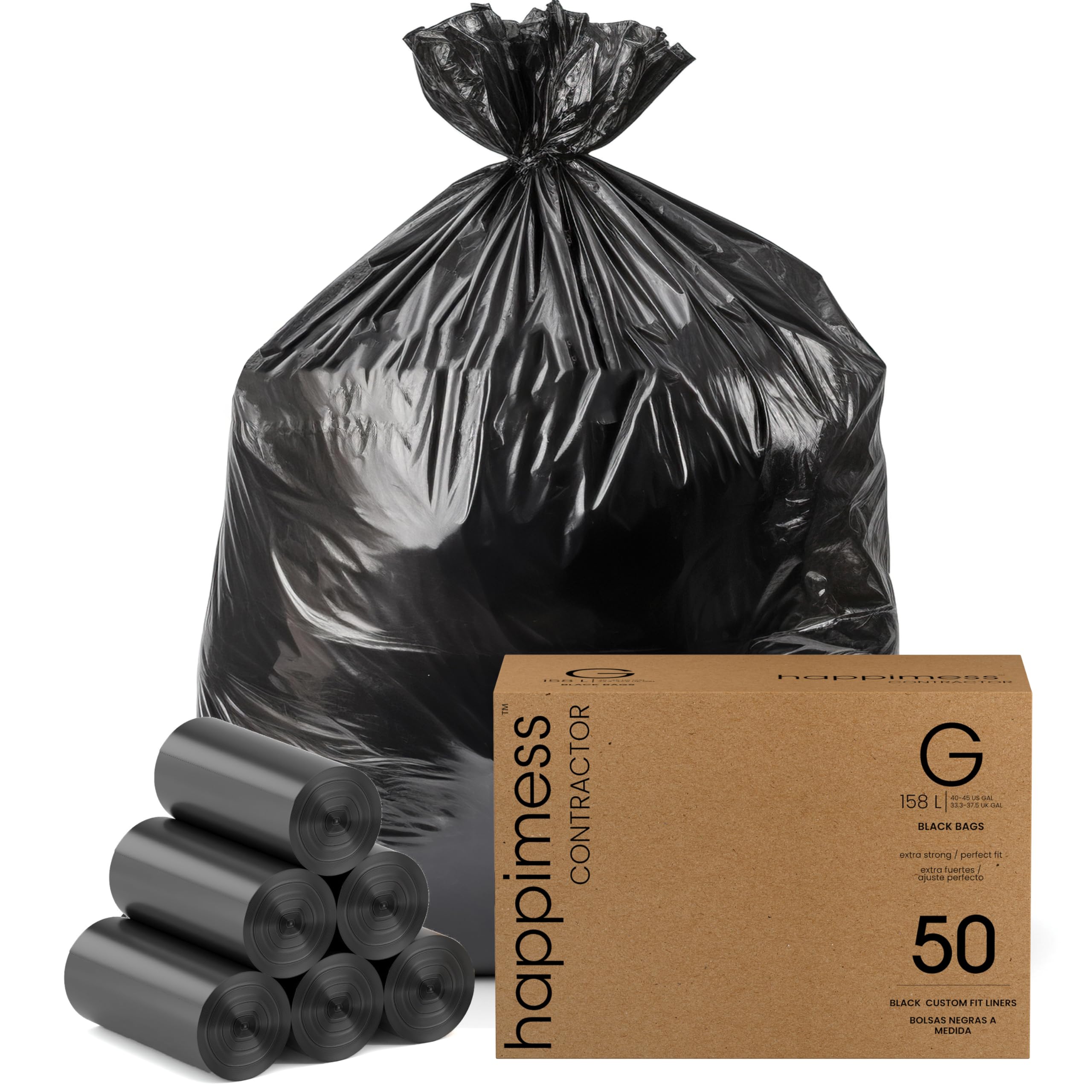 happimess HPM3000G Müllbeutel für Unternehmen, Zuhause, Küche, Gewerbe und Industrie, Schwarz, 81,3 x 119,4 cm (B x H), 127 l x 119,4 cm, 5 Rollen mit 10 Beuteln, Schwarz