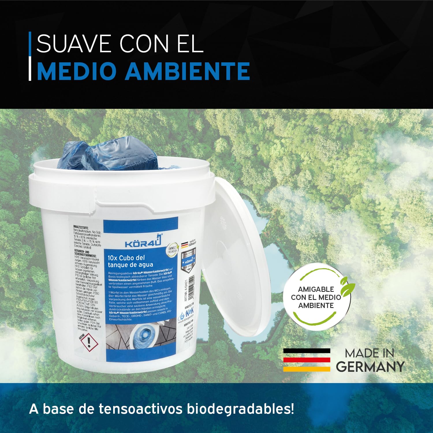 kör4u Cubo de agua – 10 pastillas de inodoro azules, frescas, autoactivas, antical y depósitos, ecológicas y biodegradables