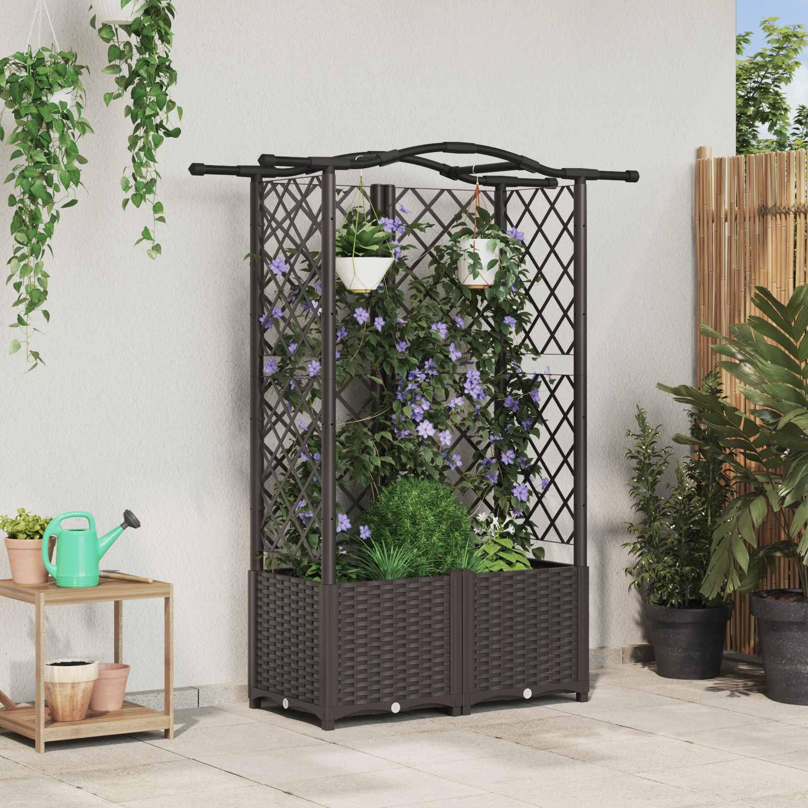 Hochbeet mit Rankgitter und Dach, Pflanzkasten mit Spalier für Kletterpflanzen, Stabiles Gartenregal für Terrasse und Balkon, Braun, 122 x 40 x 141 cm, Robustes PP