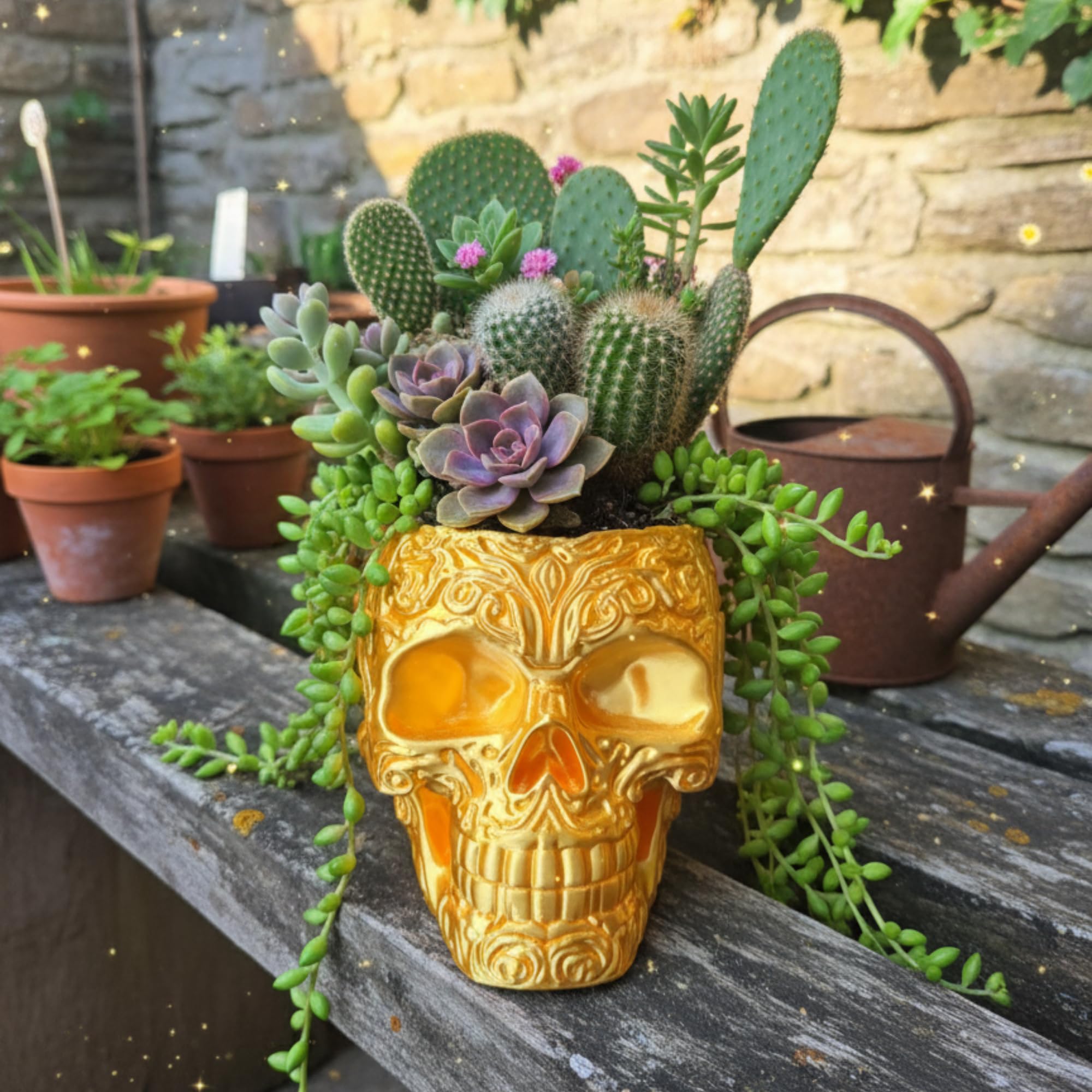 Red Dragon Seeds Gold Silk Skull Planter – 3D Printed Decorative Head Pot for Succulents, Cacti & Small Houseplants – Handmade in Wales from Eco-Friendly PLA+ – Unique Gothic Home Décor Gift