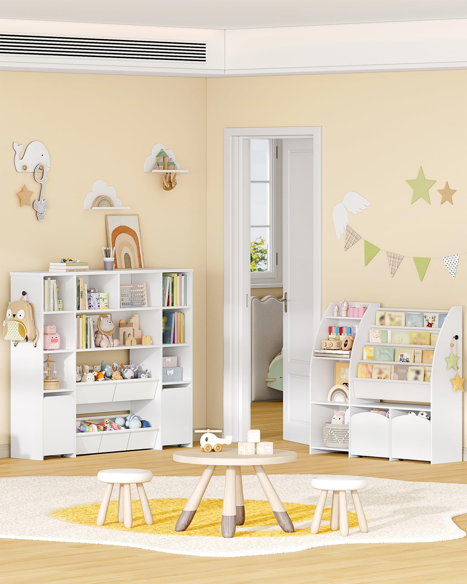 Hzuaneri Bibliothèque Enfant avec 2 Coffre de Rangement à roulettes, Meuble Rangement Enfant à 4 Niveaux, Étagère à Jouets, étagère pour Chambre d'enfant, Bureau Blanc, 30 x 140 x 120 cm KB75203W