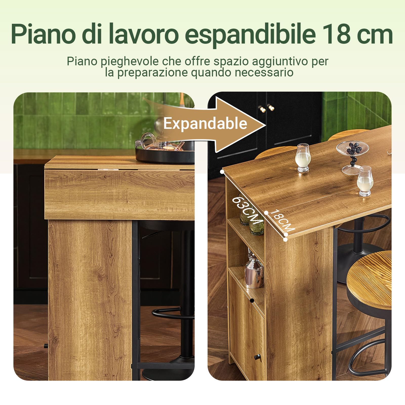 SoBuy Tavolo Alto da Cucina, piano estensibile & 2 ripiani, 120x95x45-63cm