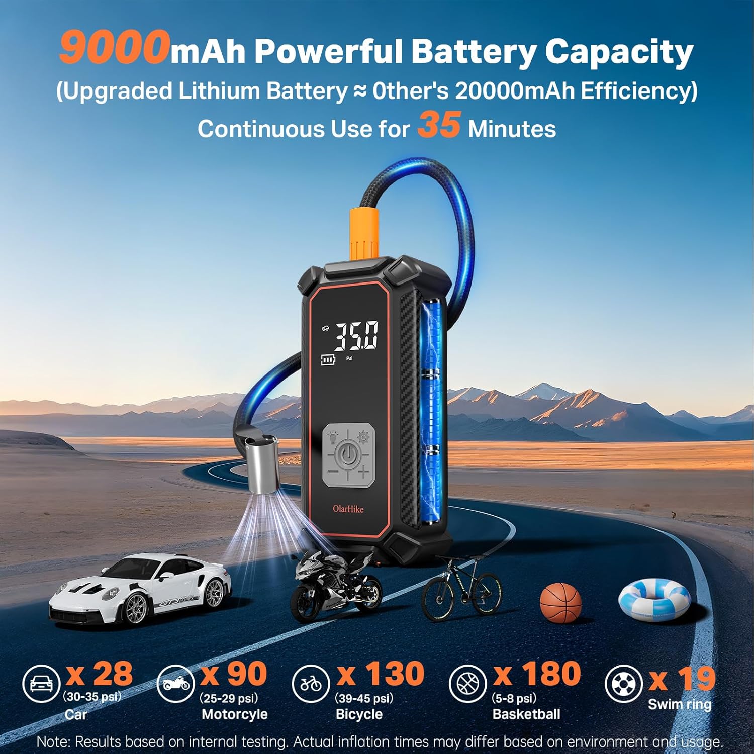 OlarHike tire inflator demonstrating its 9000mAh battery capacity and inflation cycles for various items.