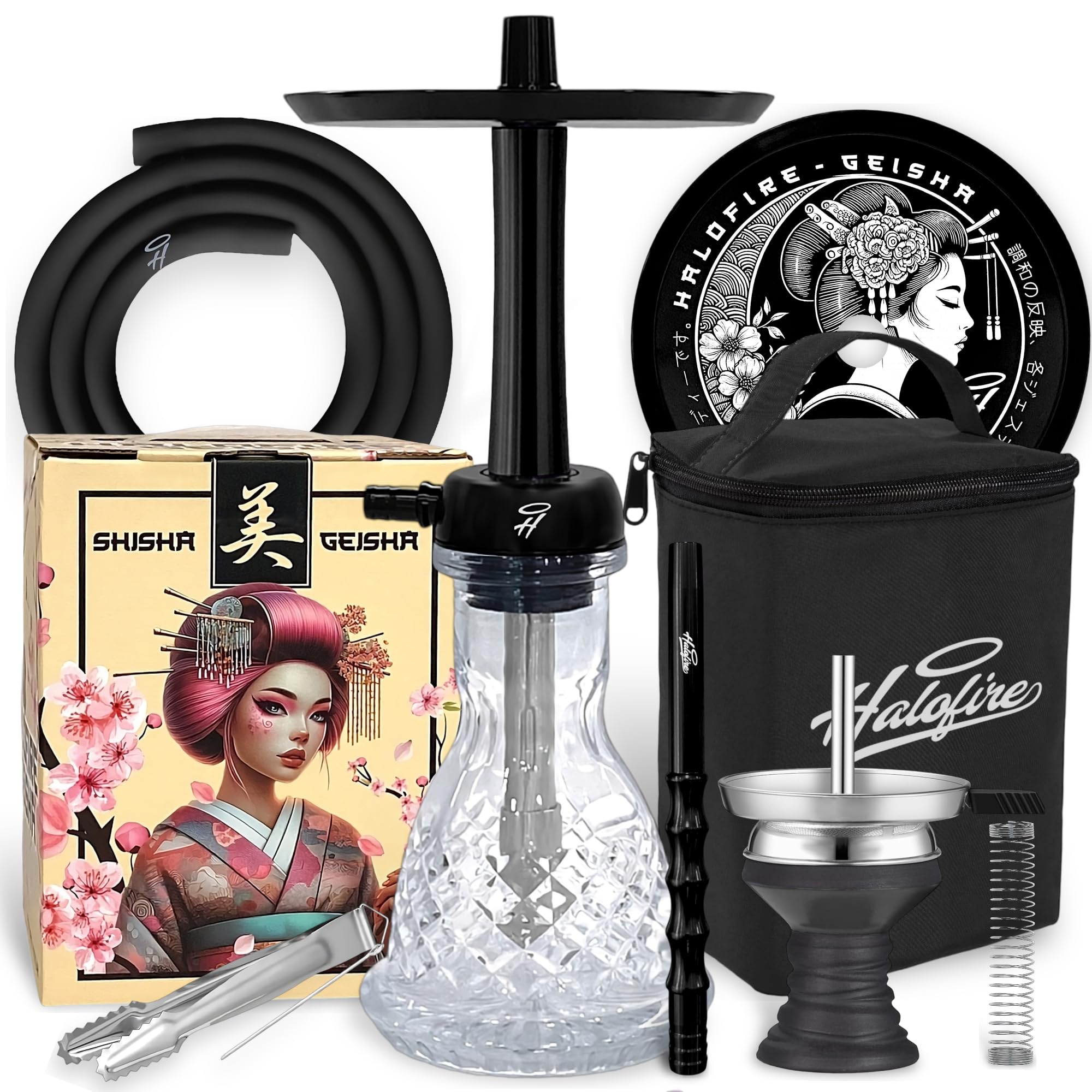 Cachimba Shisha Completa 50 cm con Maletín y Difusor Ajustable – Base Cristal Tallada, Cazoleta de Barro Negro y Plato Grabado a laser | Cachimba Halofire Geisha Negra