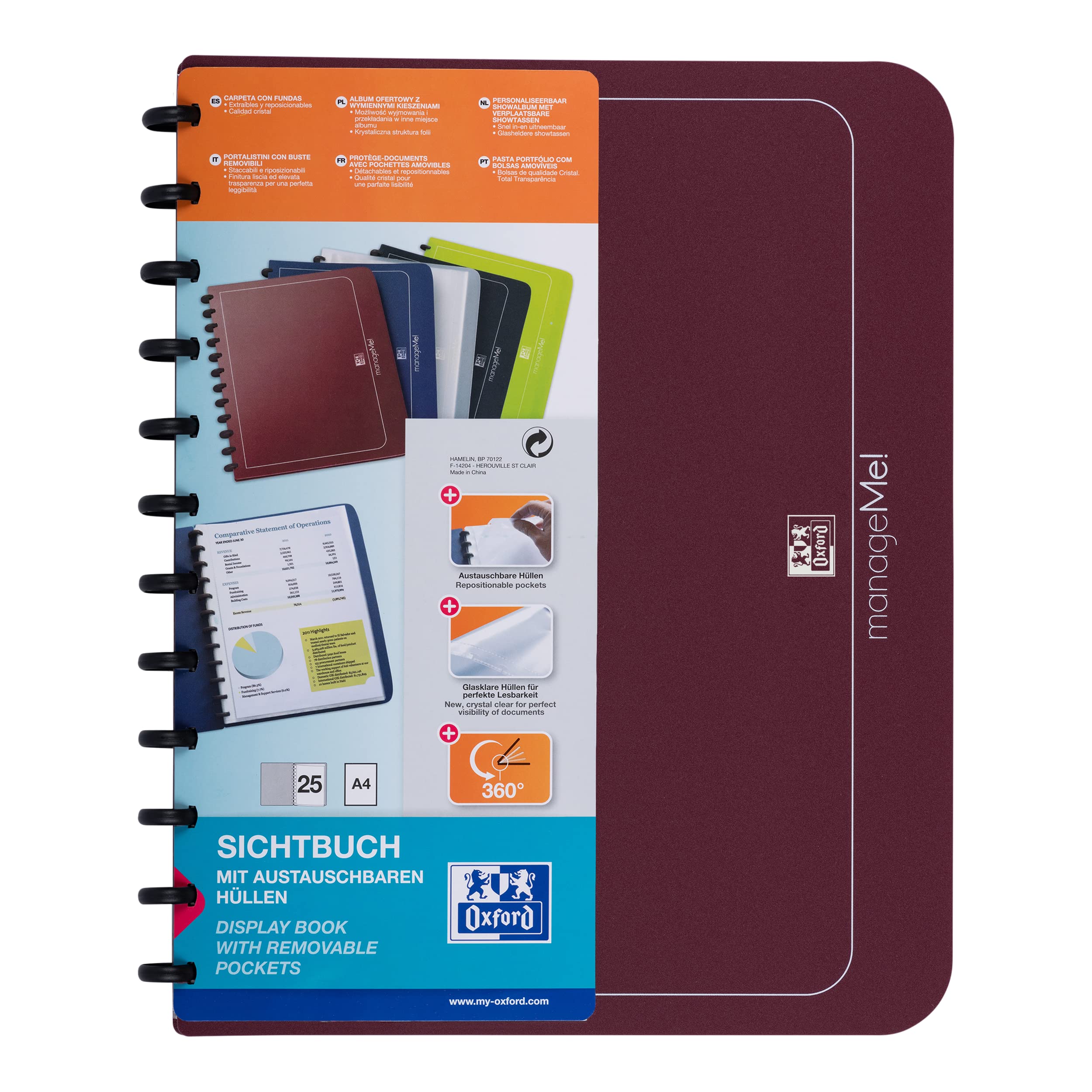 Oxford Ring-Mappe A4, manageMe, Präsentations-Buch mit 25 Hüllen, Vario-Zipp, Austausch- und erweiterbar, bordeaux, 5 Stück