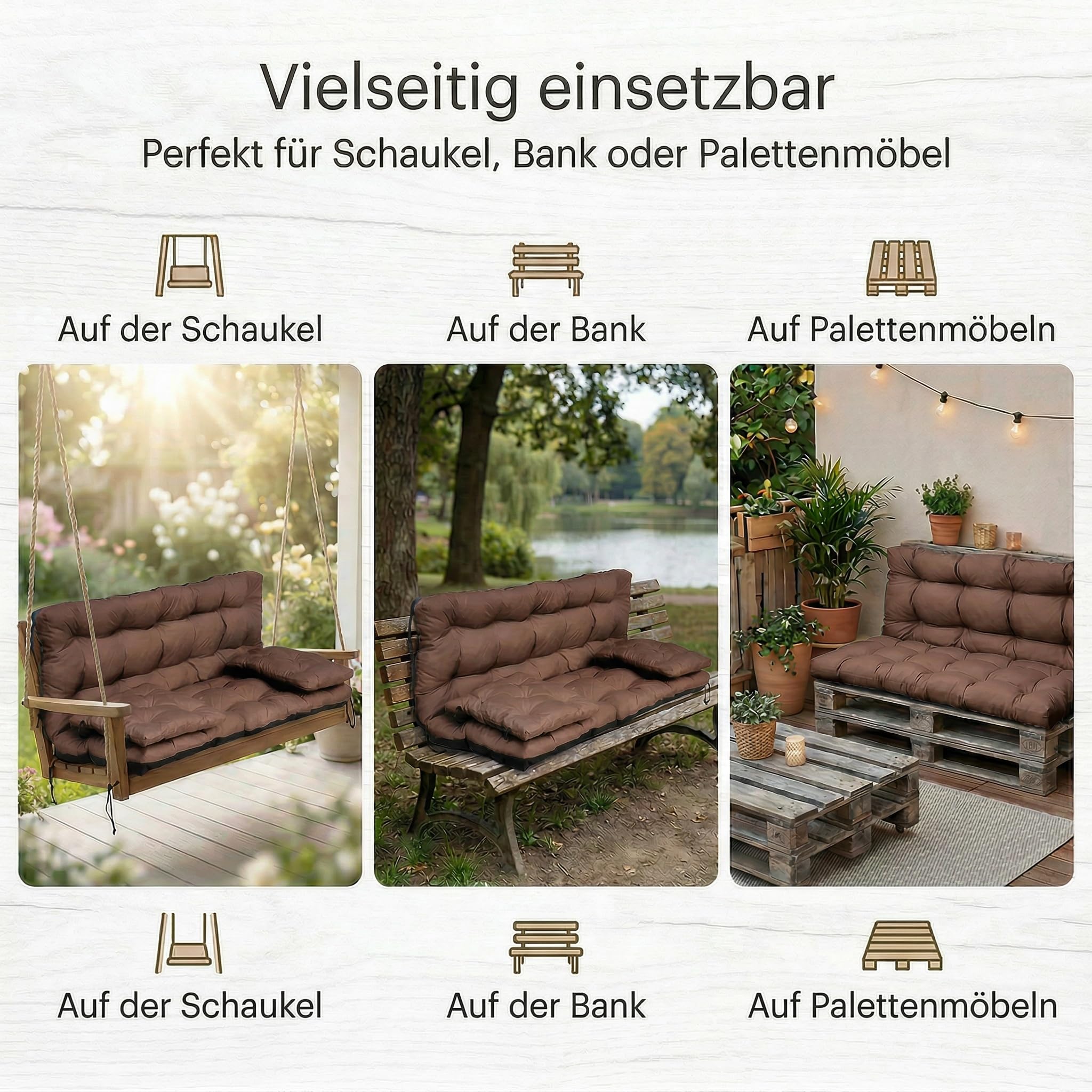 wasserabweisendes Kissen für Hollywoodschaukel & Gartenbank 120 cm - Schaukelkissen Outdoor Wetterfest, Gesteppt, Silikonkugeln + PU-Schaum Füllung – Bankauflage Gartenkissen (Braun)