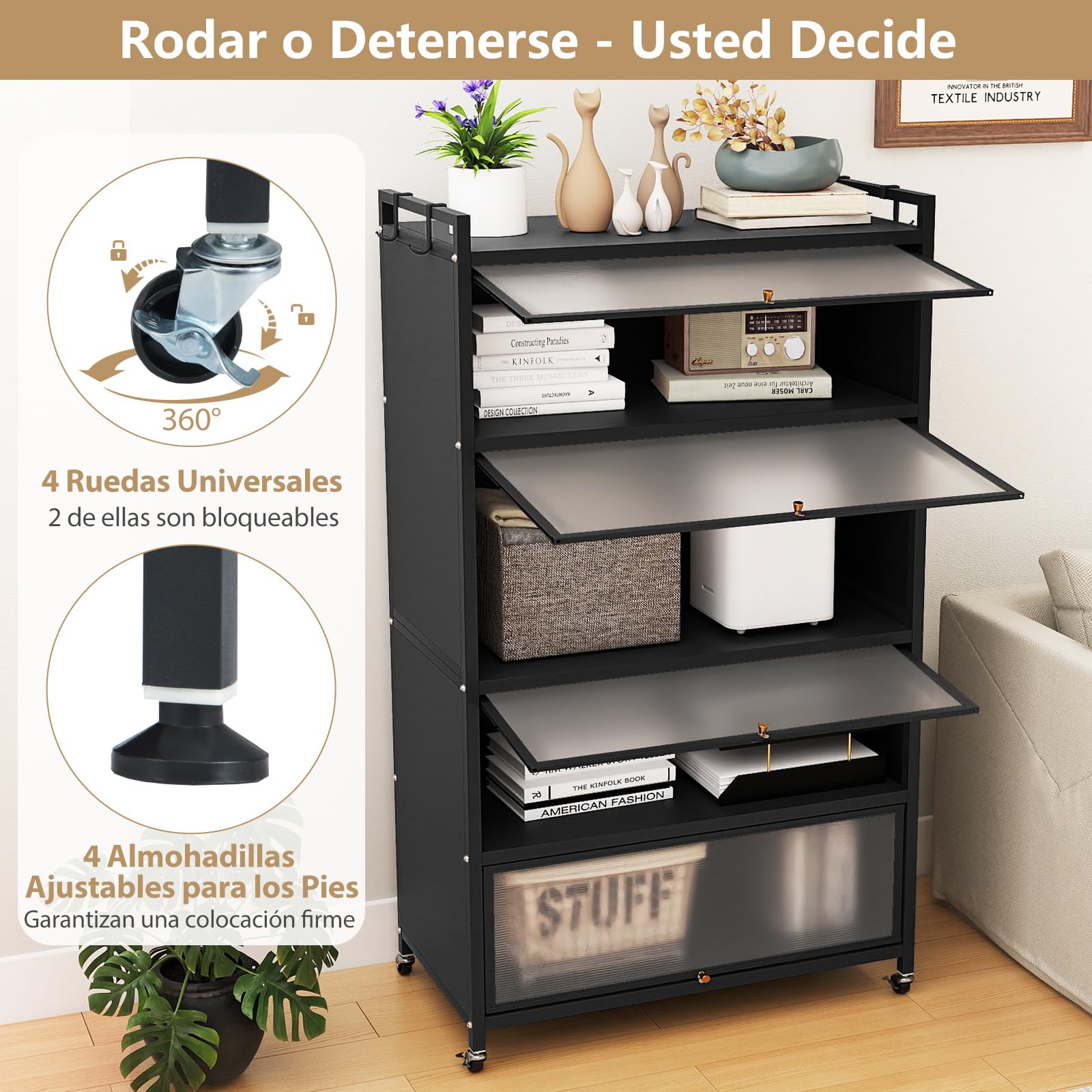 GIANTEX Aparador Buffet de Cocina con 4 Compartimentos, Armario de Metal con Puertas Abatibles, 4 Ganchos y 4 Ruedas y 4 Patas, Kit Antivuelco, 80,5x40x162cm, Estantería para Comedor, Salón (Negro)