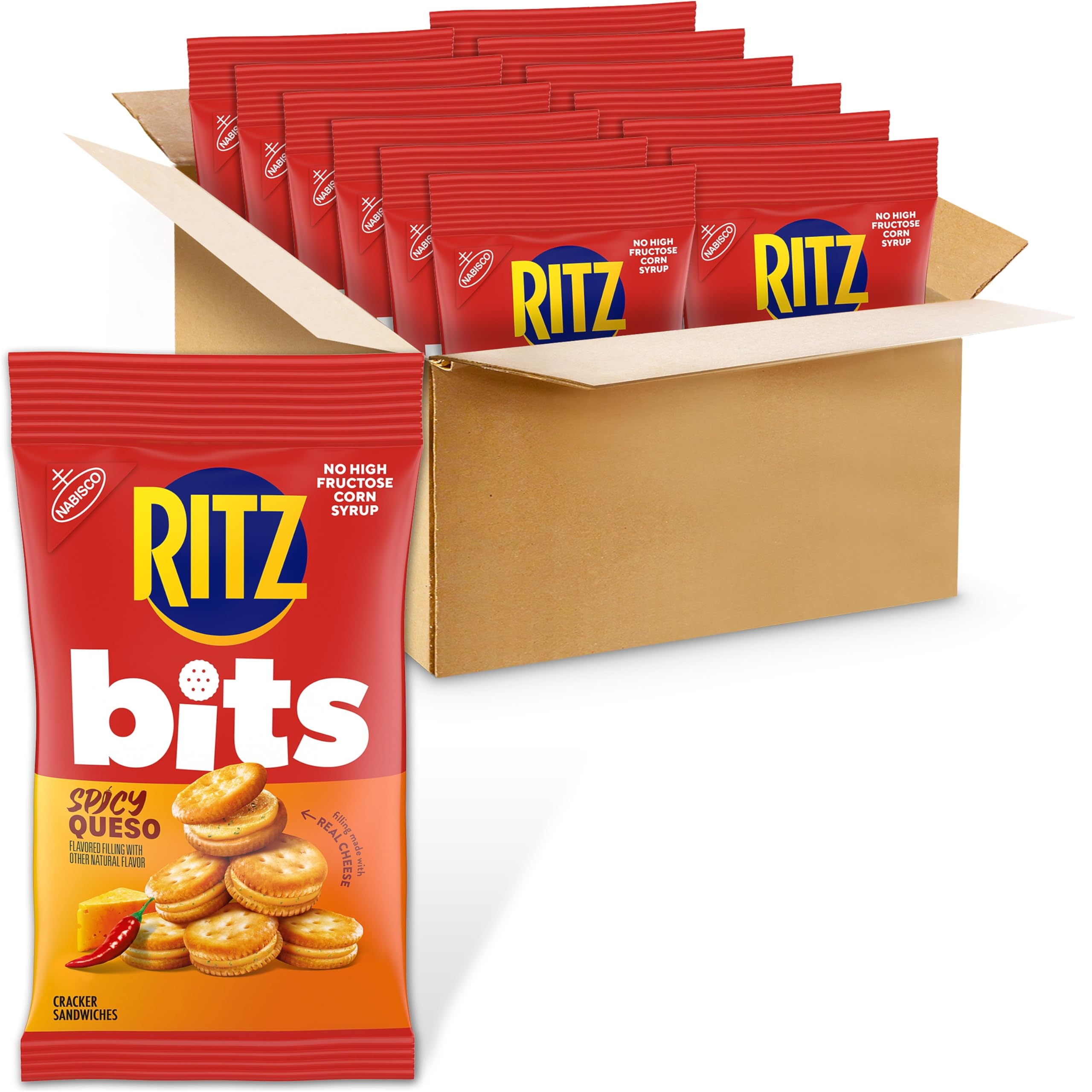 Bits Spicy Queso Cheese Sandwich Crackers, Snacks for Kids and Adults, Lunch Snacks, 12-3 oz Bags