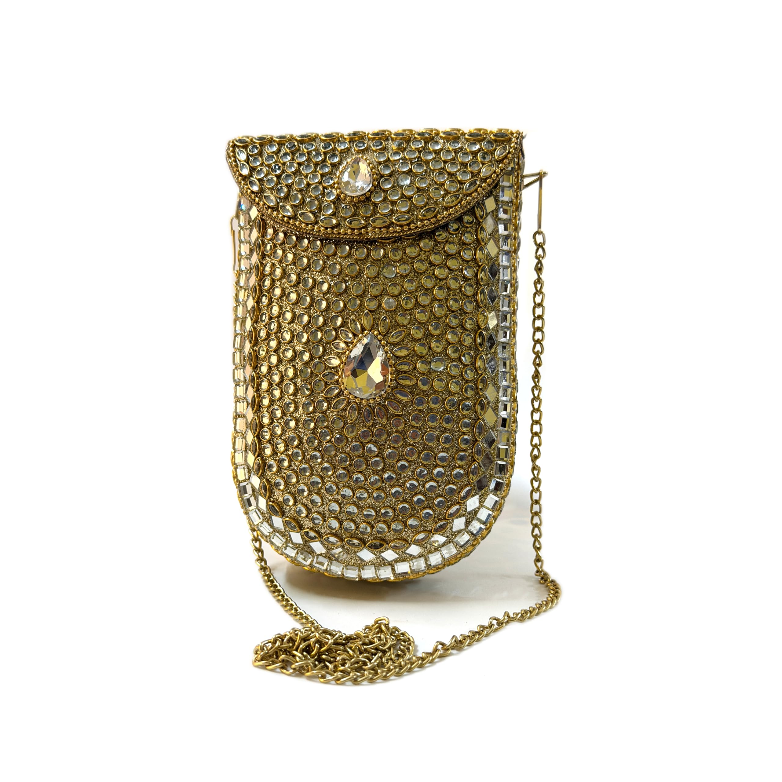 Stone Studded Bridal Clutch & Sling Bag for Women | Embellished Gold Purse with Detachable Chain Strap | Wedding Evening Designer Handbag-image-32