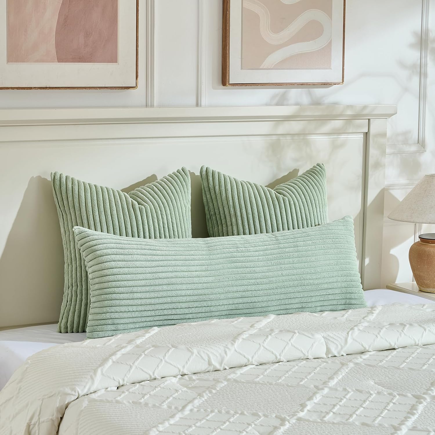 Fancy Homi Set of 2 Sage Green Boho Decorative Throw Pillow Covers 24x24 Inch for Bedroom Couch Bed, Soft Fuzzy Cozy Striped Corduroy Cushion Case, Bohemian Home Decor, Men Women Teen Girls Gift