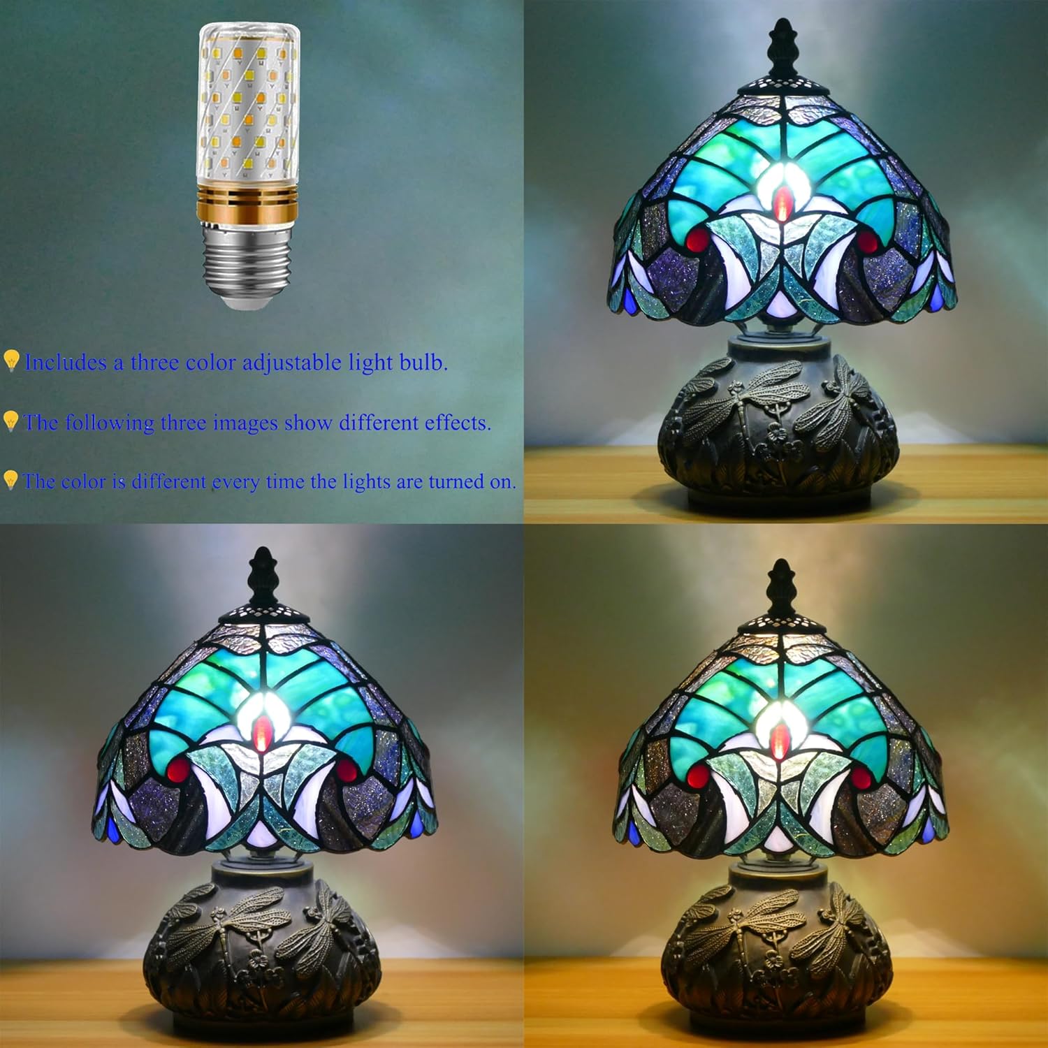 Small Tiffany Lamp Mini Stained Glass Table Lamp Mushroom Memory Sympathy Lamp 8X11 Inch (Green Liaison Style)