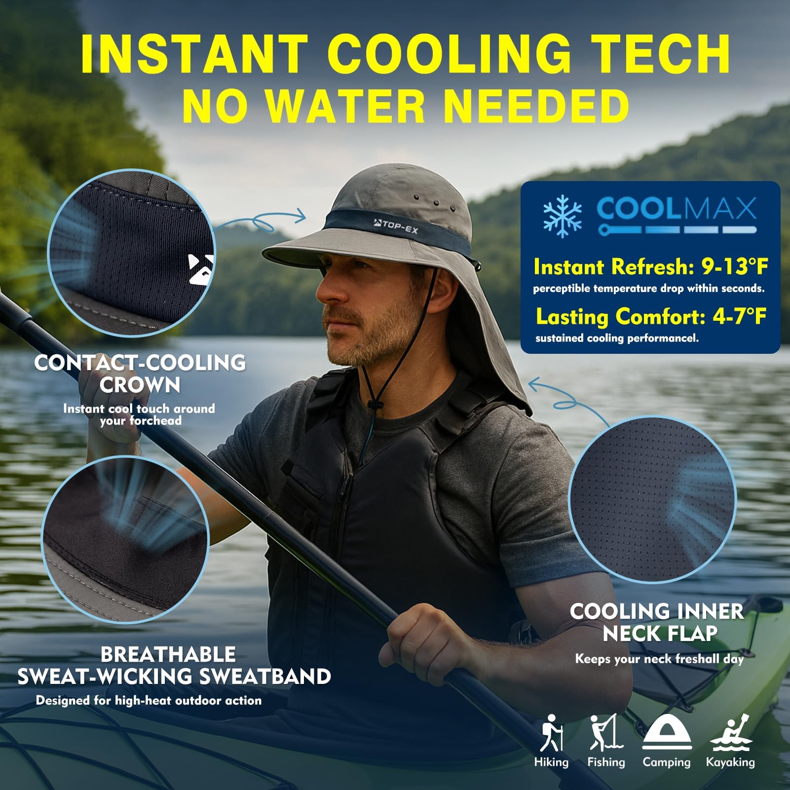 TOP-EX Chapeau de soleil à large bord pour homme avec rabat de cou – Protection UPF 50 rafraîchissante pour la randonnée, la pêche et l'extérieur