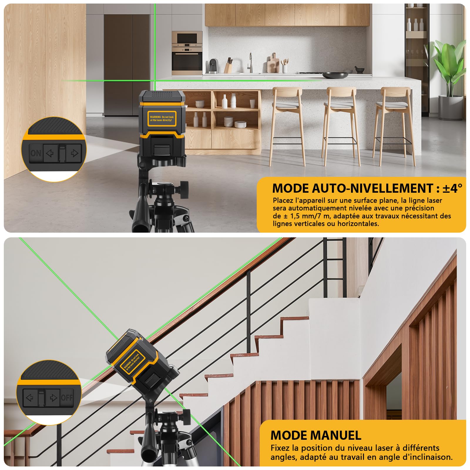 Niveau Laser,ASOBRIS Laser Chantier Autonivelant avec Trepied,Lazer Niveaux à Ligne Croisée Verte Pour Accrocher des Tableaux,Décoration,Carrelage Intérieur et Extérieur,2 x Batterie (4)