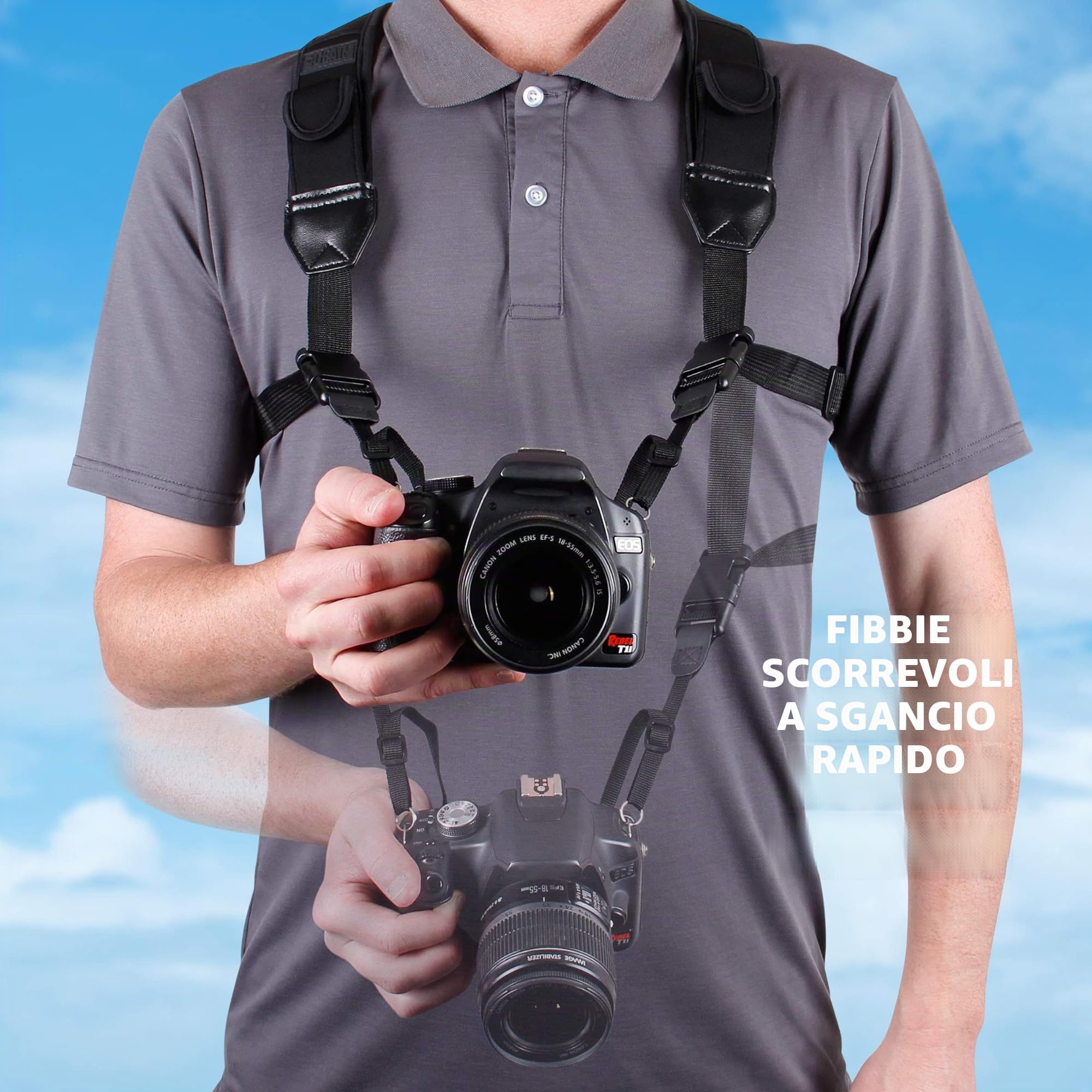 USA Gear Imbracatura pettorale per fotocamera DSLR con fibbie a sgancio rapido, motivo nero e tasche per accessori - Compatibile con fotocamere Canon, Nikon, Sony e altre fotocamere Point and Shoot