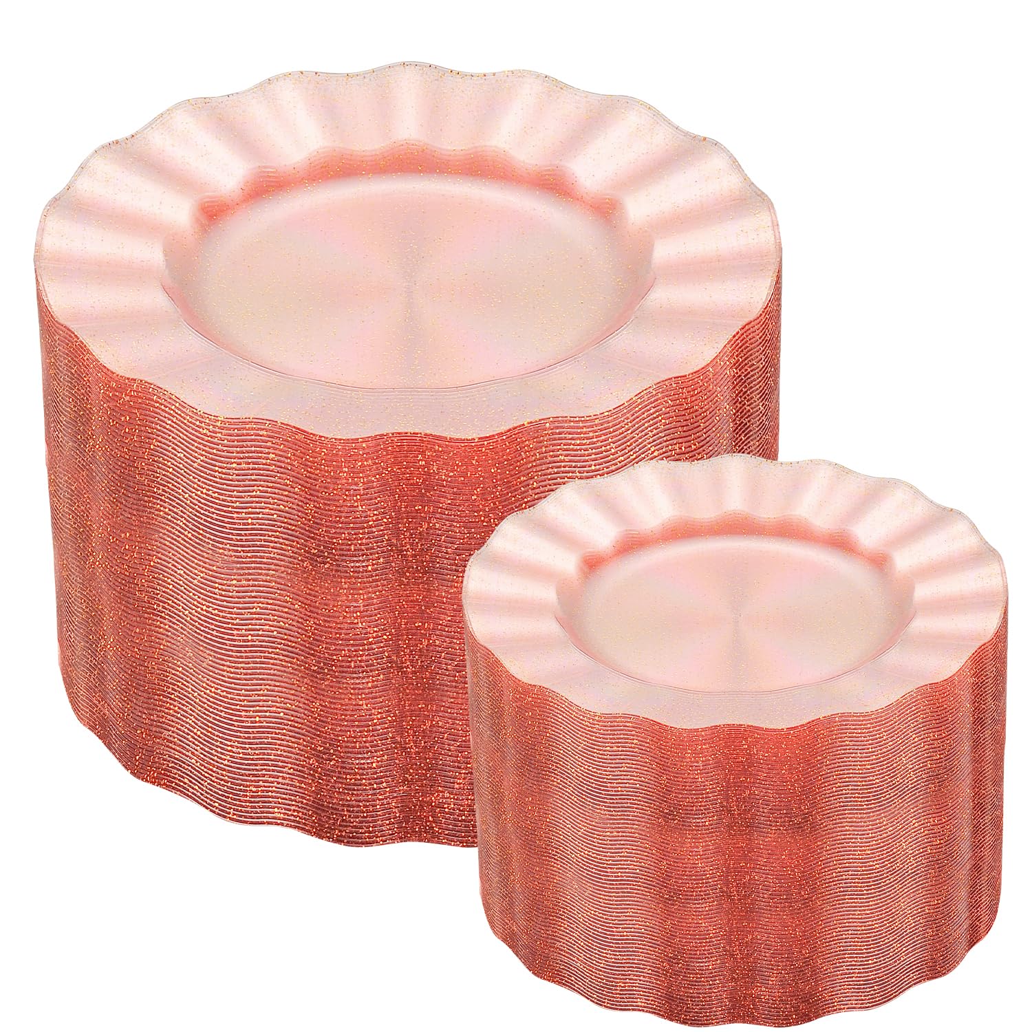60Pcs Premium Pink Plastic Plates, Fancy Clear Pink and Gold Glitter Disposable Plate, Elegant Wedding Plate Set include 30 Dinner & 30 Dessert Plates for Wedding（30Guests）