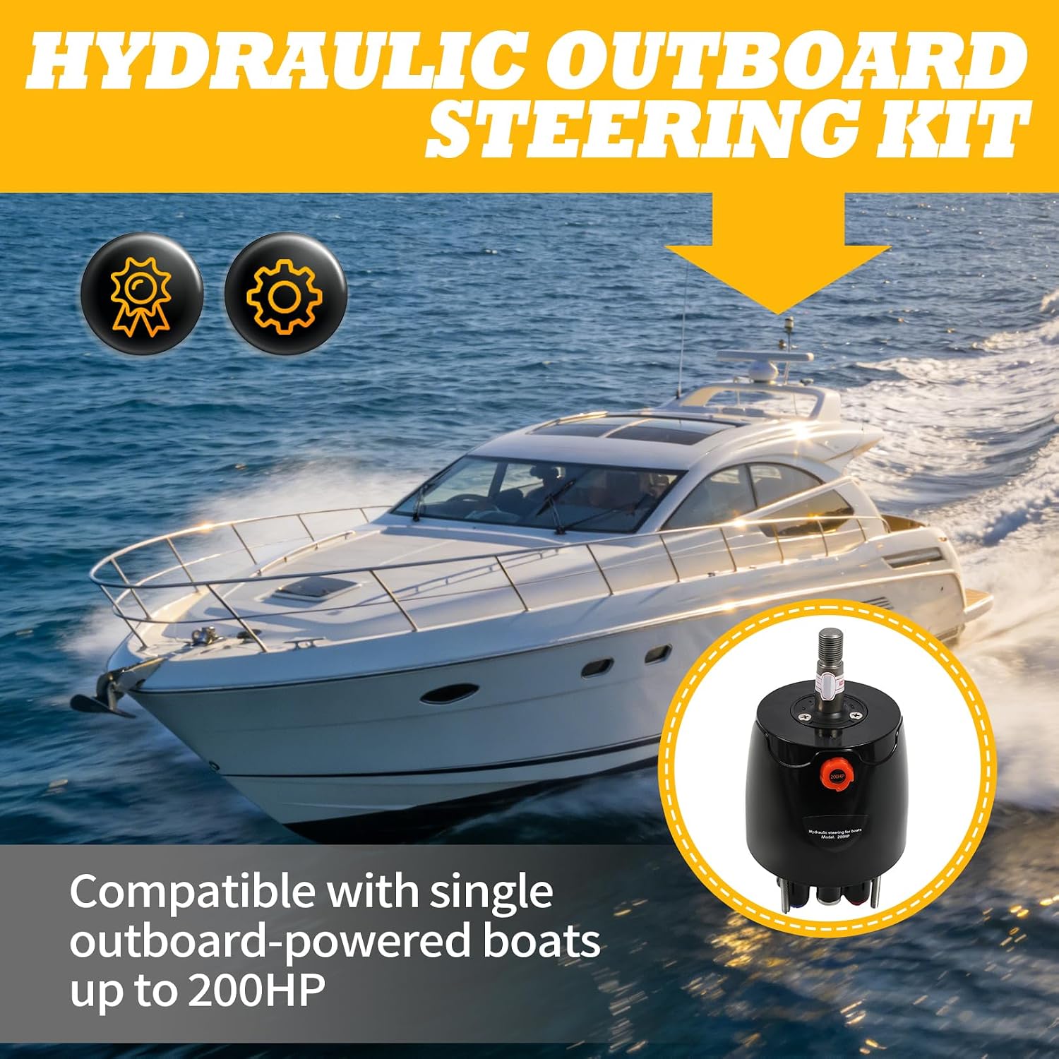 150HP/ 200HP Hydraulic Outboard Steering Kit with Hydraulic Cylinder Helm Pump Hoses Steering Wheel Compatible with Outboard Engines up to 150HP/ 200HP
