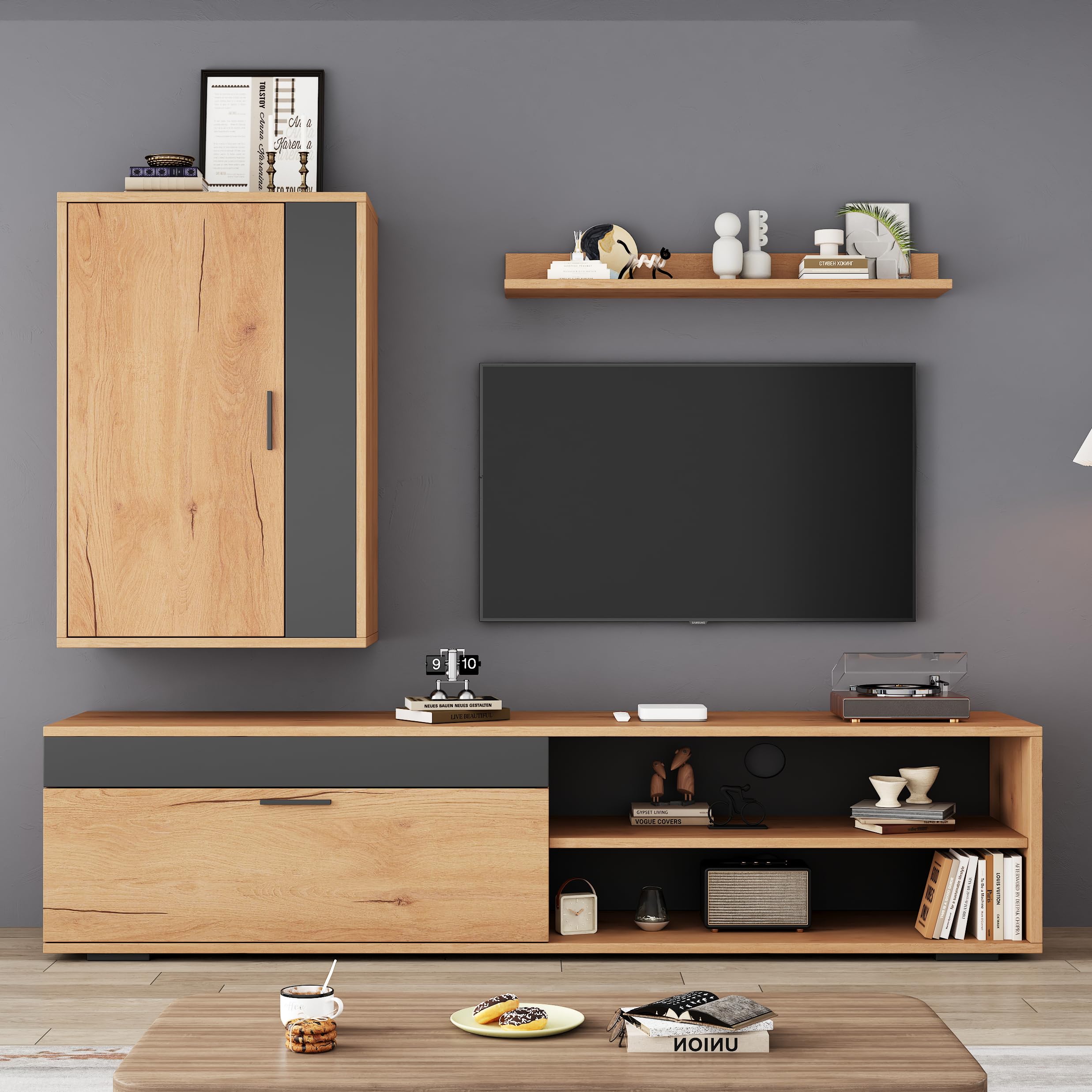 Juego de pared para TV (juego completo, 3 unidades), 140 x 35 x 39 cm, pared multimedia incluye mueble TV, estantería de pie y estantería de pared, juego de muebles de salón, moderno mueble de