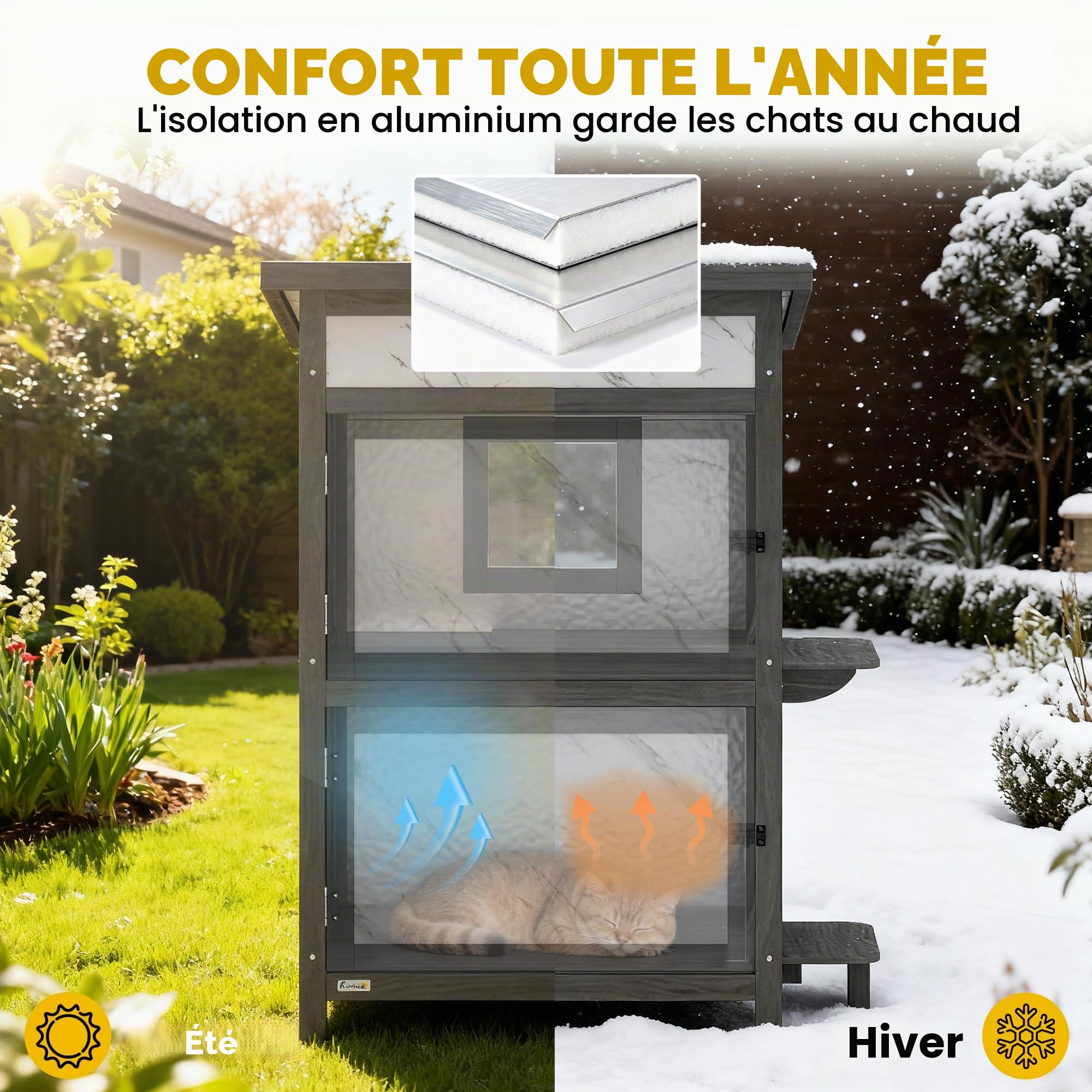 PawHut Maison Chat Bois 2 étages extérieure avec fenêtre Blanc 60x60x88cm