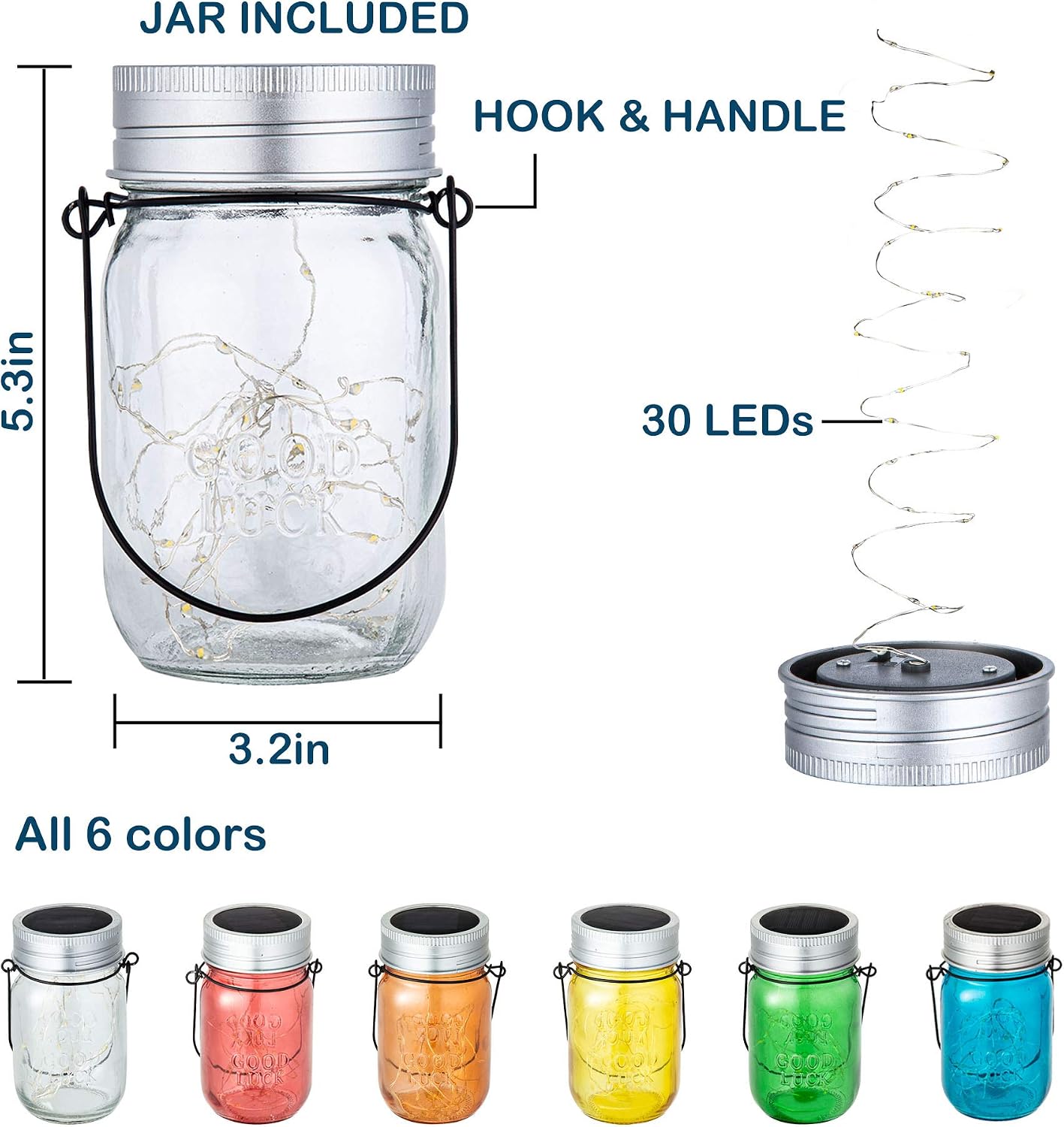 GIGALUMI Solar Multicolor Mason Jar Lights - 6 Pack 30 LEDs Fairy String Lights Hanging Solar Lanterns Table Lights Outdoors for Christmas, Garden, Yard and Patio Décor (Hangers and Jars Included)