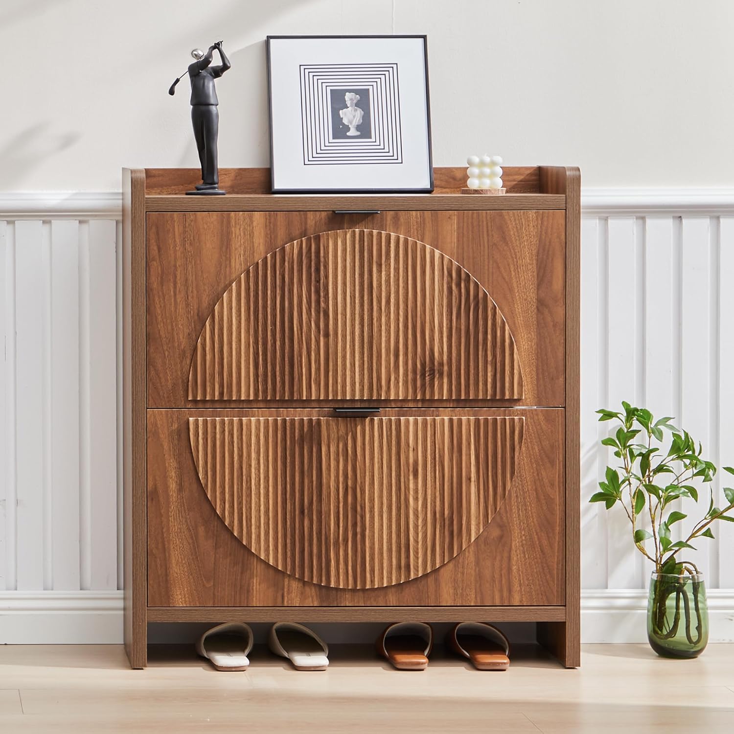 Narrow Shoe Cabinet Storage for Entryway, Wood Slim Shoe Rack Cabinet with 2 Flip Drawers, Freestanding Hidden Shoe Storage Organizer, Space-Saving, Fluted Pattern for Hallway,Living Room (Walnut)