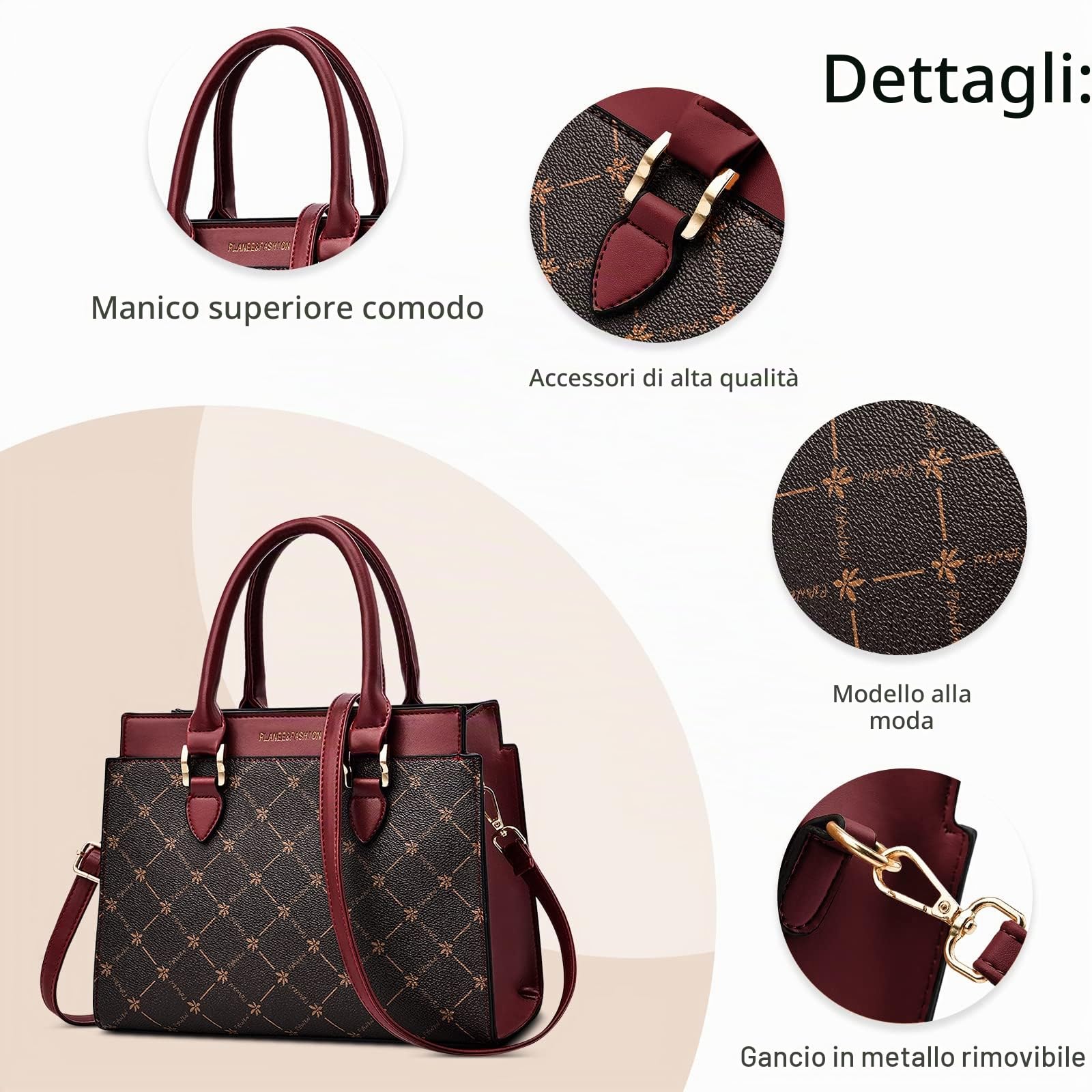 Borsa a Mano Donna in PU Pelle - Tracolla Messenger Con Disegno a Griglia per Viaggio Casual - Tote Rosso A