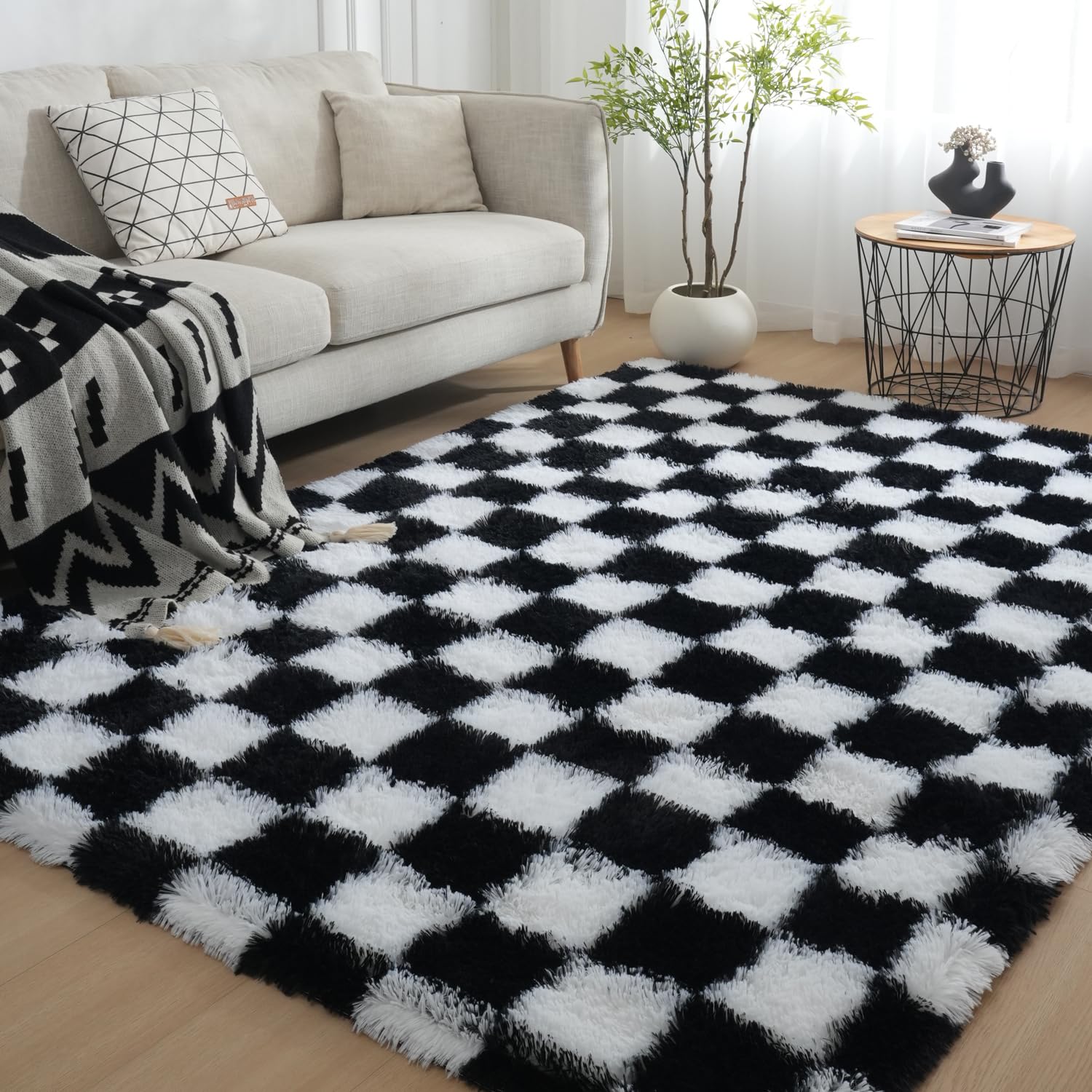 Gsogcax Checkered Rugs Living Room 5'x7' Super Soft Fluffy Area Rugs for Bedroom Shaggy Anti-Skid Comfortable Large Rugs Indoor Modern Home Decor Floor Carpet