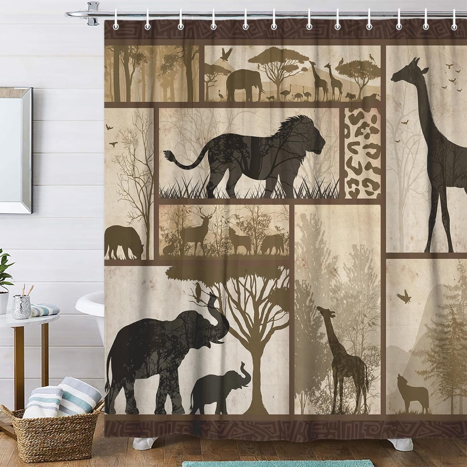 Rustic African Animal Shower Curtain for Bathroom - Funny Wild Elephant, Giraffe, Leopard Print - Country Cabin Tropical Forest Decorative Curtain with Hooks 70X75