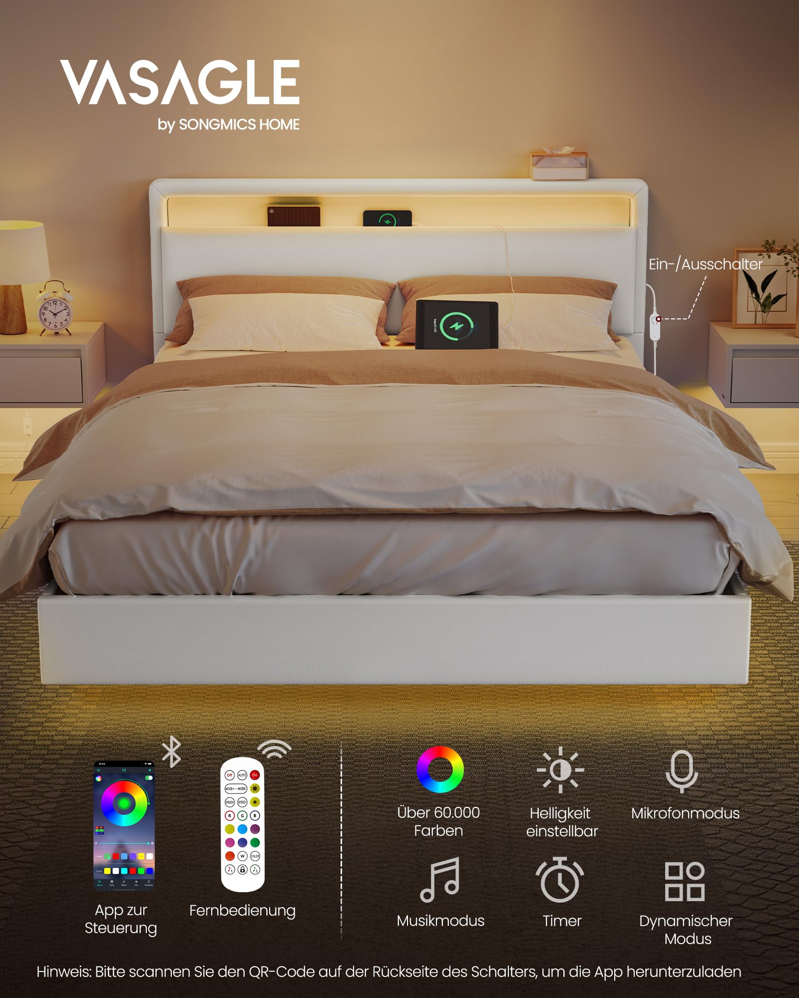 VASAGLE Bettgestell, Doppelbettgestell, 140 x 200 cm, schwebender visueller Effekt, Bett mit LED-Beleuchtung, hohem Kopfteil, Ladestation, modern, wolkenweiß RMB864W01