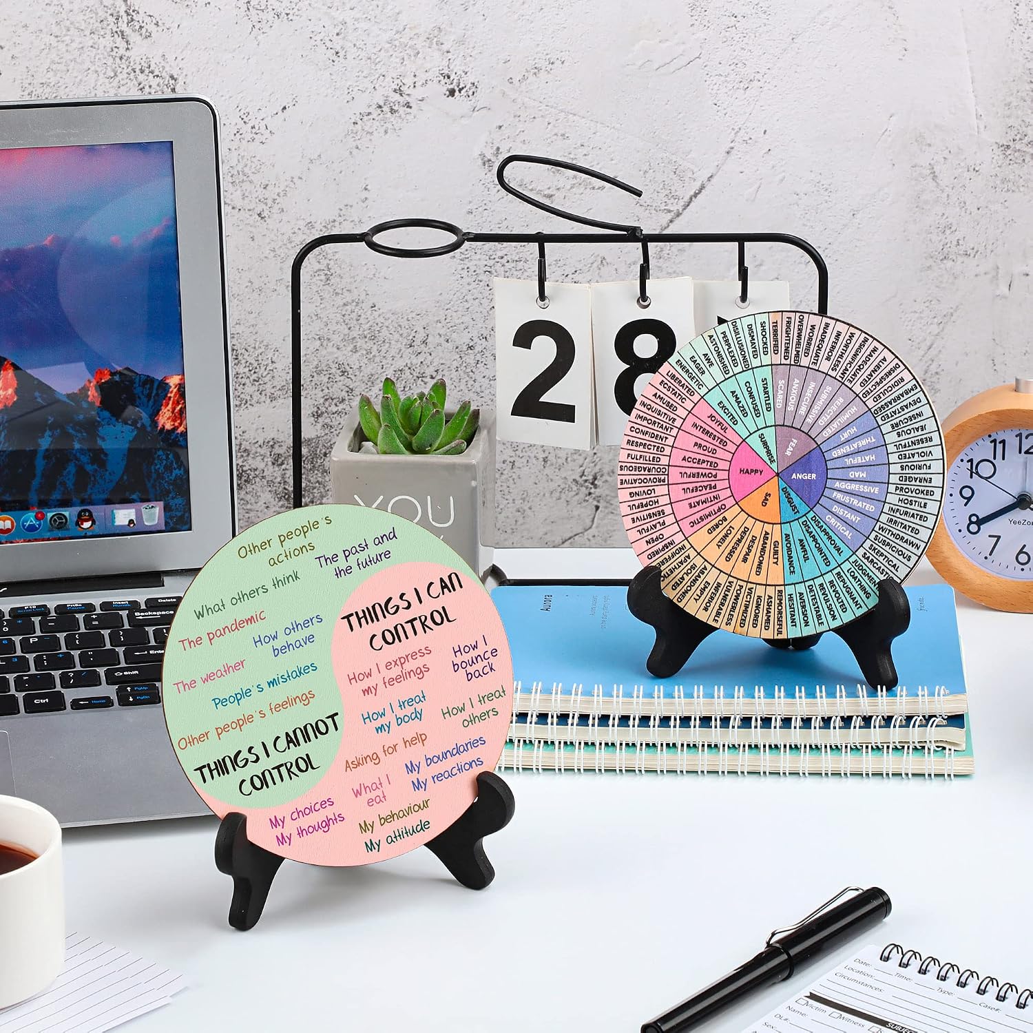 2 Pcs Feelings Wheel Therapy Office Desk Decor Things I Can Control Double Sided Mental Health Emotions Chart with Stand Therapist Gifts Psychology Decor for Home Office Counselor Women Man(Bright)