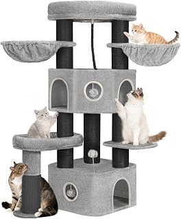Hzuaneri Kratzbaum, 163cm Hoch, 11cm Dicke Sisalsäule, Hellgrau Schwarz | Katzenbaum für Große Katze, 2 Höhlen, Geräumige Plattform, Plüschball, Katzenbürste, Mehrstöckiger Katzenkratzbaum, MS16318BG