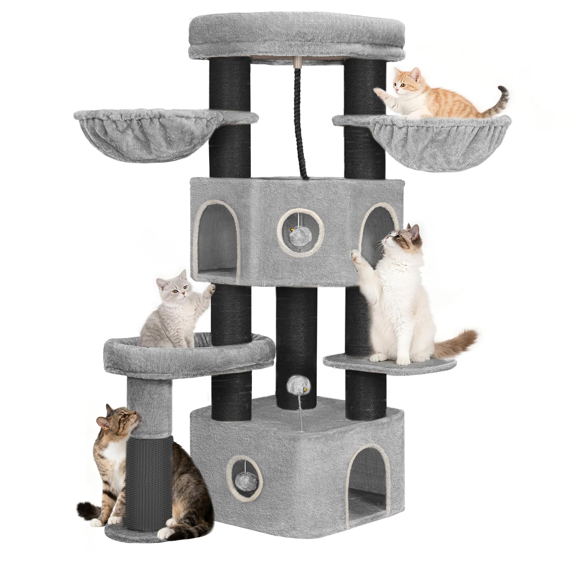 Hzuaneri 163cm Cat Tree for Large Cats, Heavy-Duty Cat Tower with 9 Thick Scratching Post, Multi-Layer Cat Furniture Activity Center, Large Perch, Cat Cave, Baskets, Pompom, Light Gray Black MS16318BG