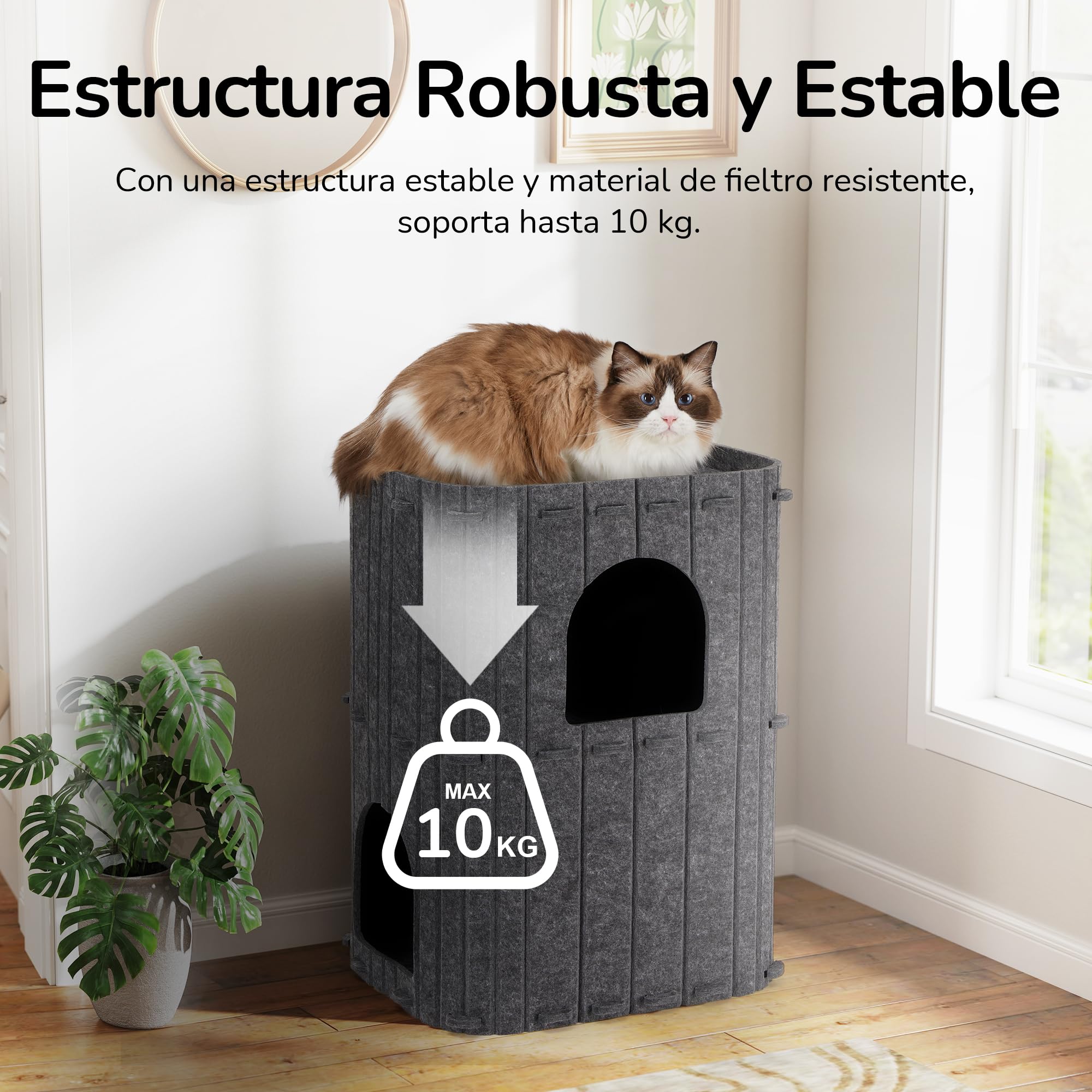 FUKUMARU Cueva Estable de Fieltro para Gatos, Cama de 3 Capas para Dormir, Jugar y Esconderse, Gris Oscuro, 45 x 37 x 60 cm, Grande
