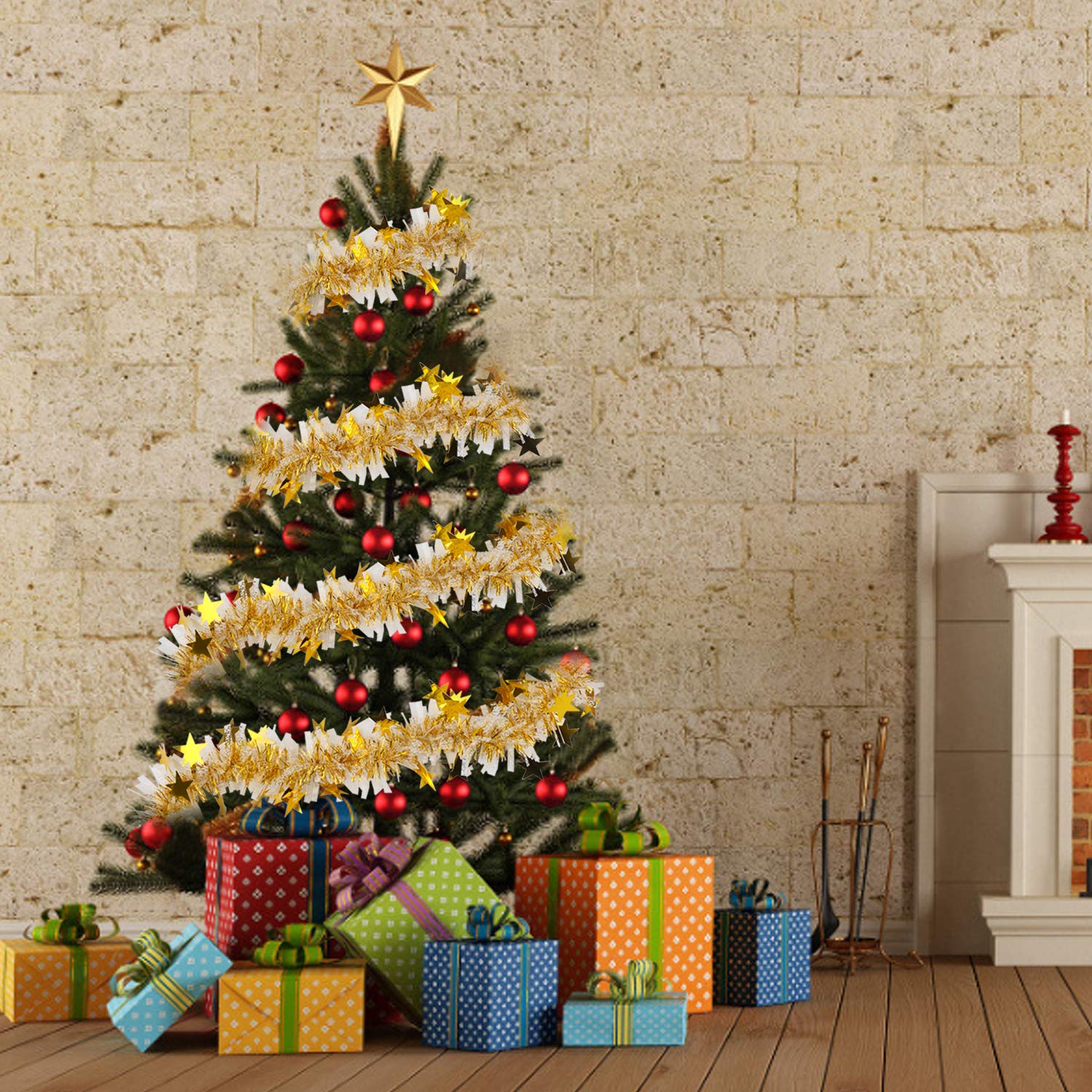 Guirnalda de espumillón para Navidad, Guirnalda de oropel navideña, oropel Grueso de 32,8 pies(Gold Star Tinsel)
