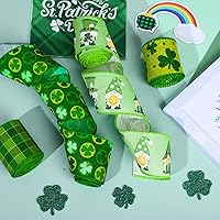 Vista 5 de Whaline St. Patrick's Day Wired Edge Ribbon Green Shamrock Clover Gnome Plaid Fabric Wrapping Ribbon for Irish Holiday DIY Bow Wreath Crafts Making