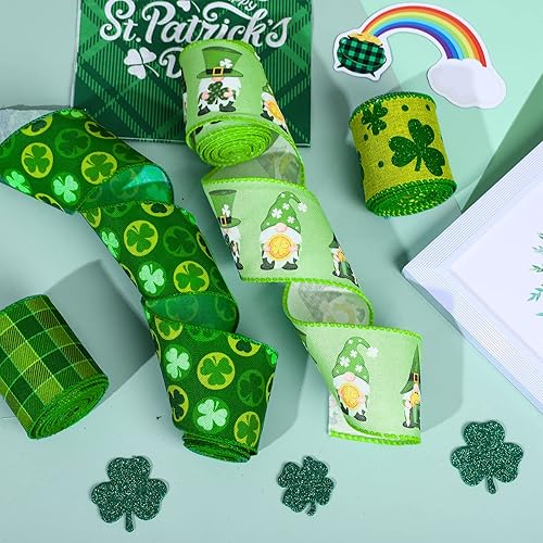 Miniatura 5 de Whaline Cinta de borde con alambre para el día de San Patricio trébol verde gnomo a cuadros cinta de tela estampada de 24 yardas estilo irlandés
