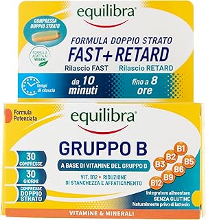 equilibra, Vitamine Gruppo B, Alto dosaggio B12 1000 mcg con Rilascio FAST e Fino a 8 Ore, Vegan, 30 Compresse Doppio Strato, Benessere Fisico-Mentale, Riduce Stanchezza e Affaticamento