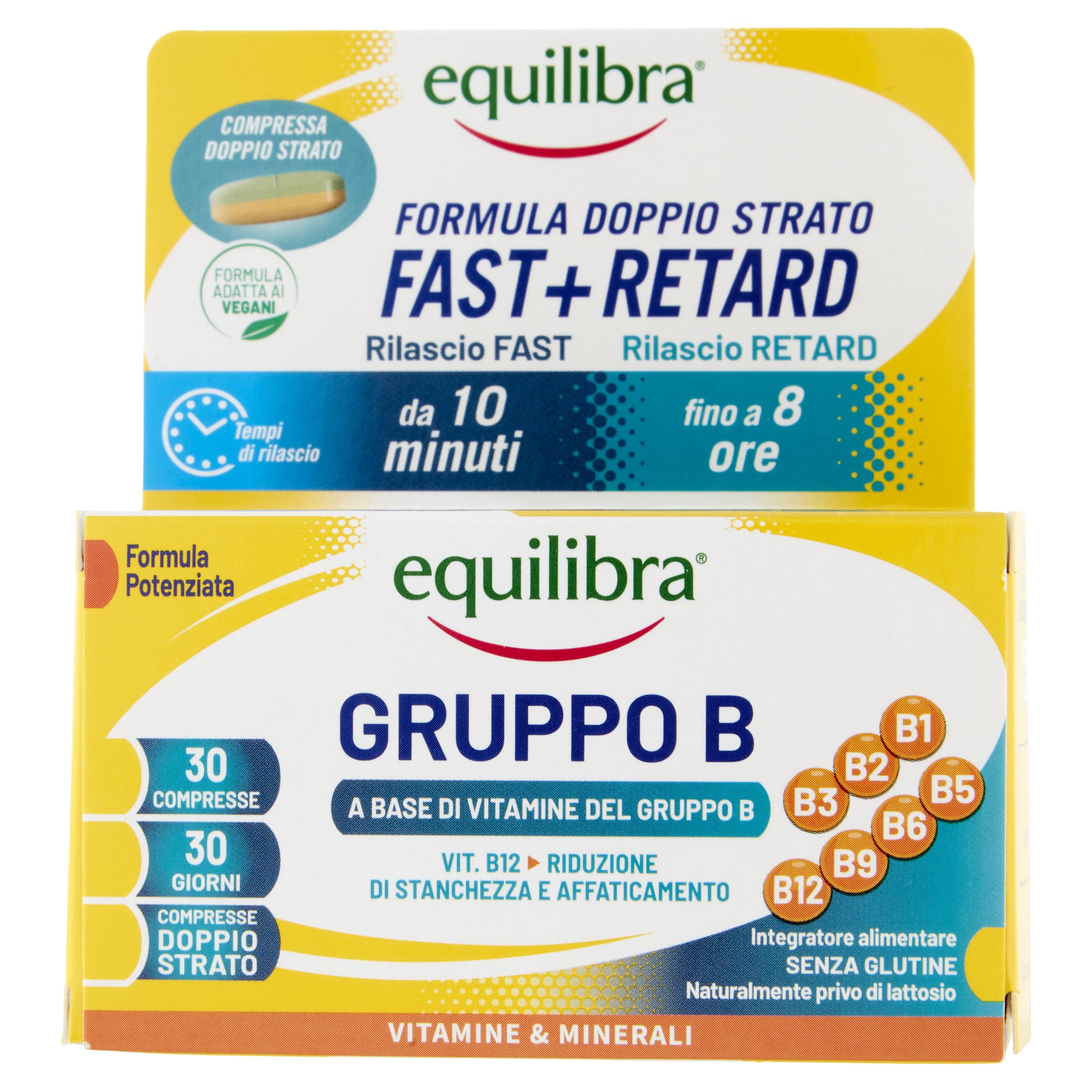 equilibra, Vitamine Gruppo B, Alto dosaggio B12 1000 mcg con Rilascio FAST e Fino a 8 Ore, Vegan, 30 Compresse Doppio Strato, Benessere Fisico-​Mentale, Riduce Stanchezza e Affaticamento