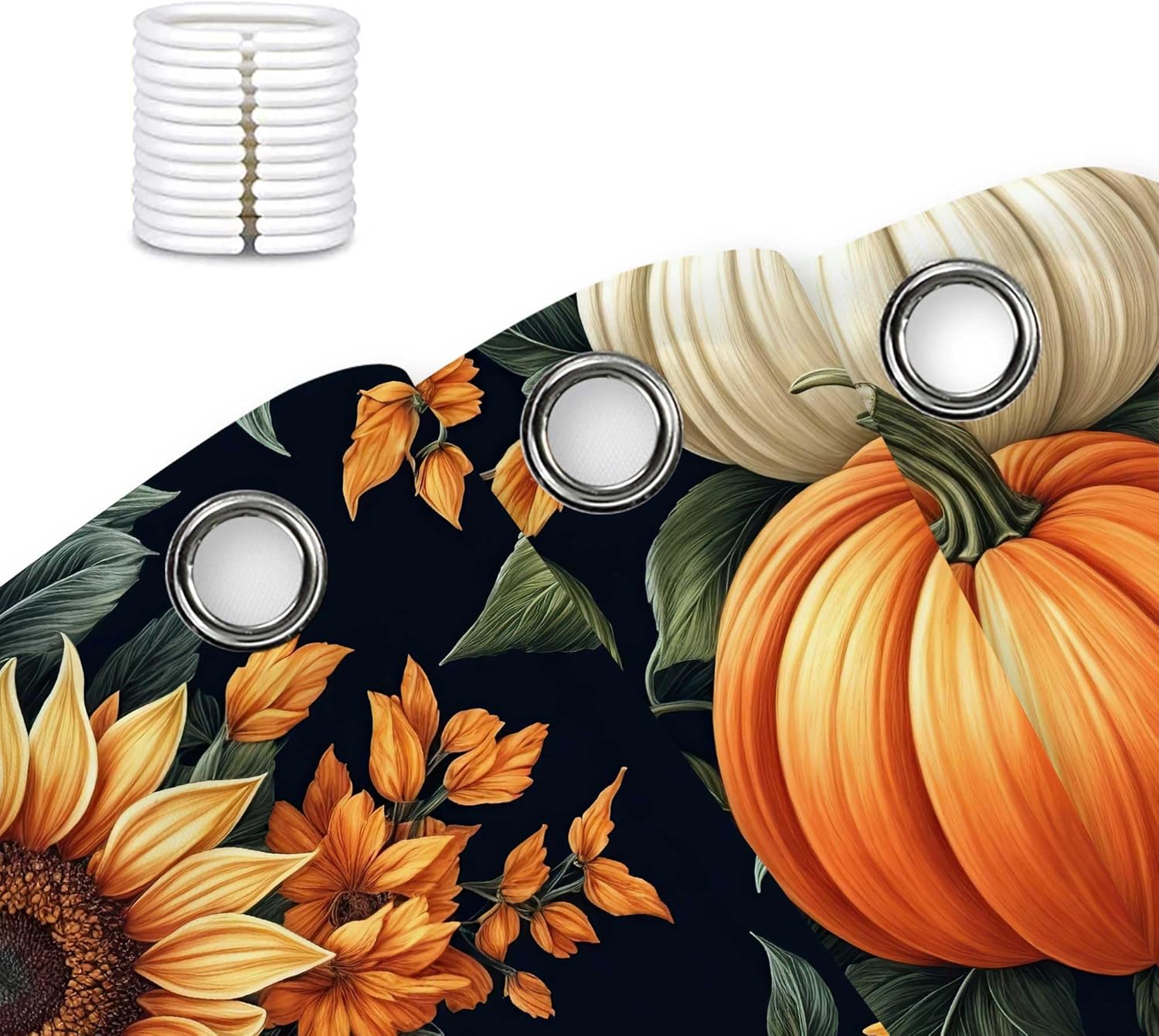 DYNH Fall Pumpkin Floral Shower Curtain, Autumn Thanksgiving Harvest Orange Yellow White Pumpkins with Floral Sunflower Fabric Shower Curtains Set for Bathroom, Fall Bath Curtain with Hooks,72x78IN