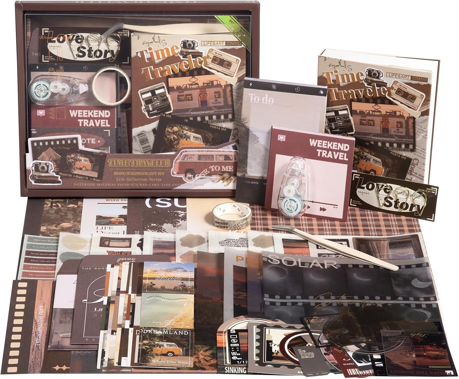 Travel Scrapbook Photo Album Supplies Kit with Tweezers and Glue Tape, Aesthetic Vintage Junk Journal Scrapbooking Paper, Sticker Pack, Notebook Craft Supplies, DIY Gift for Adult Men Women (Traveler)