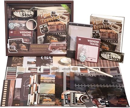 Travel Scrapbook Photo Album Supplies Kit with Tweezers and Glue Tape, Aesthetic Vintage Junk Journal Scrapbooking Paper, Sticker Pack, Notebook Craft Supplies, DIY Gift for Adult Men Women Traveler
