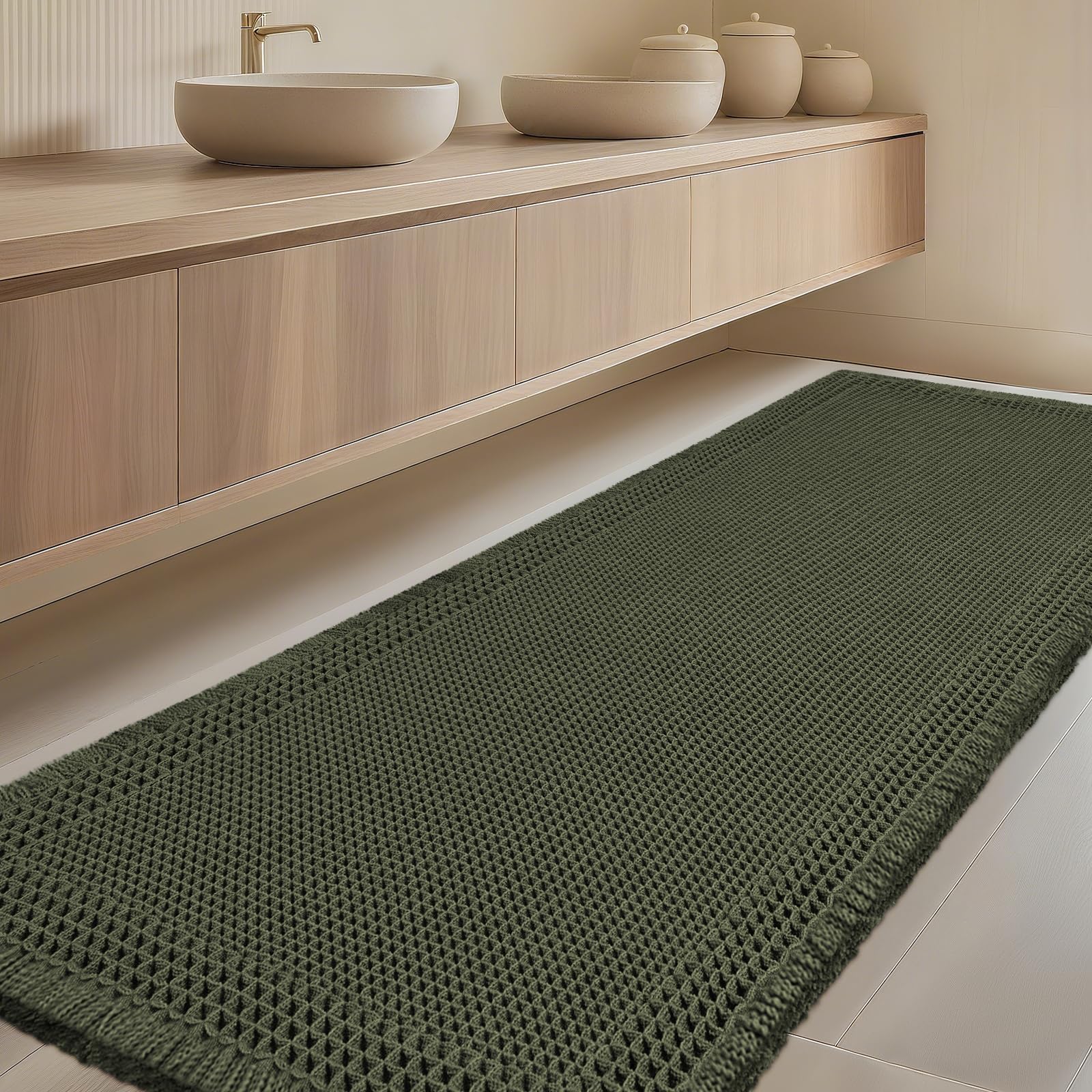 Extra Large Waffle Bath Mat, Boho Woven Modern Bath Rug Absorbent Non Slip, Ultra Soft Bathroom Mats, Machine Washable Knit Bath Rugs with Border for Bathroom, Bedroom, Kitchen, Tub, 5'x2', Dark Green