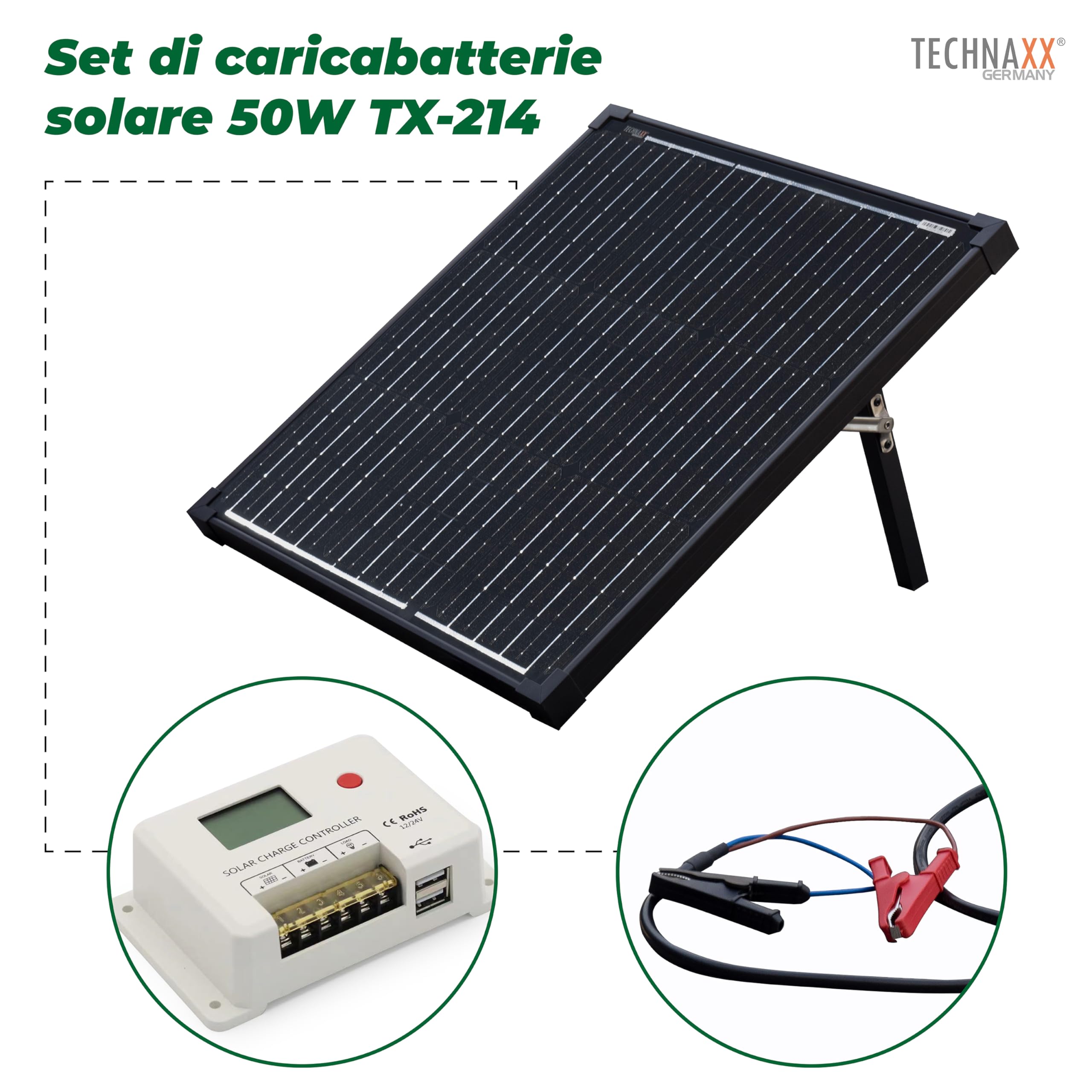 Technaxx Pannello Solare Portatile 50W Monocristallino con Controller LCD Kit Caricatore Solare con 2 USB 18V 2.78A Pannello Solare per Campeggio Giardino Camper Batterie 12V LiFePO4 AGM Gel - TX-214