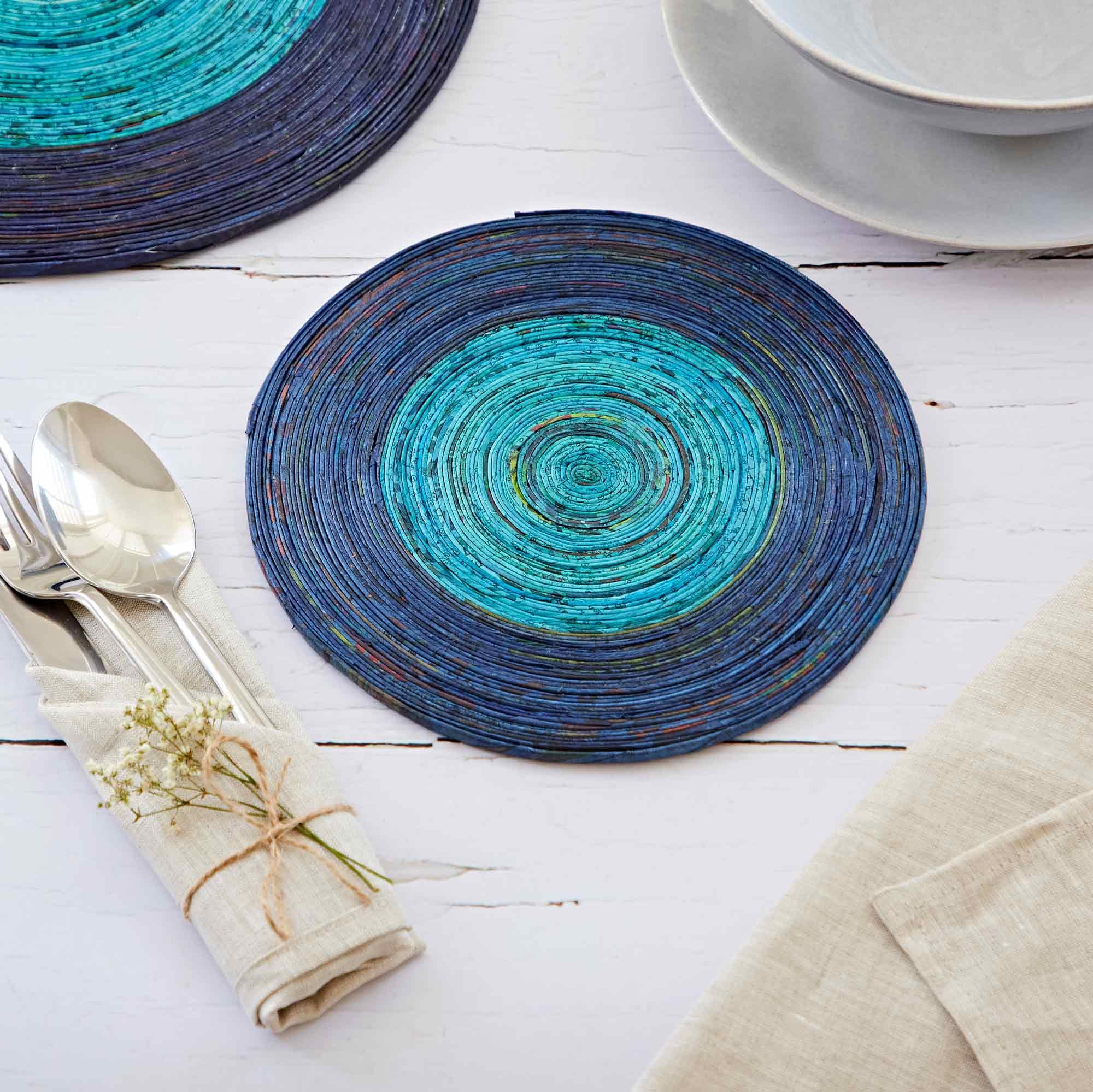 Paper High Men's Dark Blue/Light Blue Recycled Newspaper Round Placemats - | Small | Sustainable | Handmade Colourful | Fair Trade Gifts For And Wo