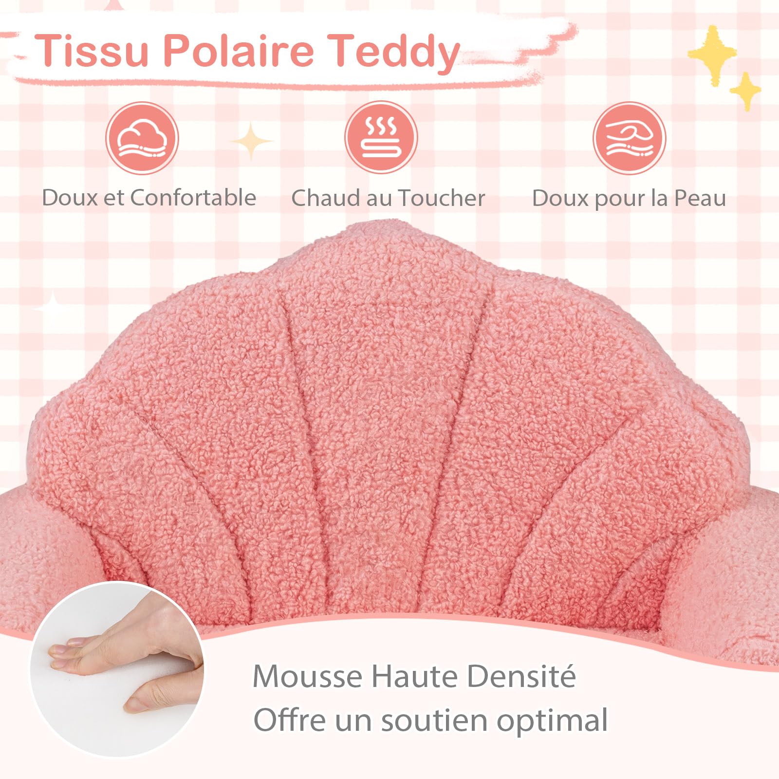 COSTWAY 2 en 1 Canapé-lit Enfant Pliable avec Motif Coquillage, Fauteuil Enfant Convertible en Polaire Teddy avec Housse Amovible & Lavable, Chauffeuse 1 Place pour Cadeau d'anniversaire Fête (Rose)