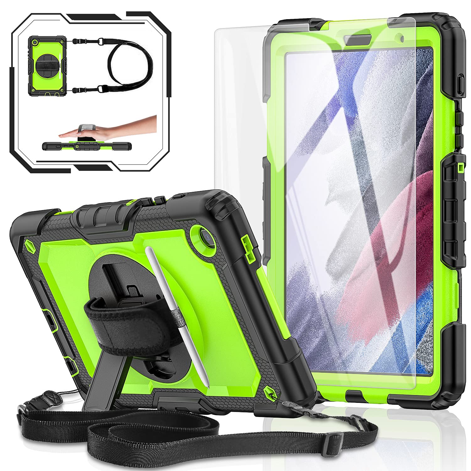 BASE MALLSamsung Galaxy Tab A7 Lite 8.7-inch Tablet 2021 (-T220/T225), [with Tempered Glass Screen Protector] Heavy Duty Shockproof Kids , Rotating Kickstand, Shoulder & Hand Strap (Green)