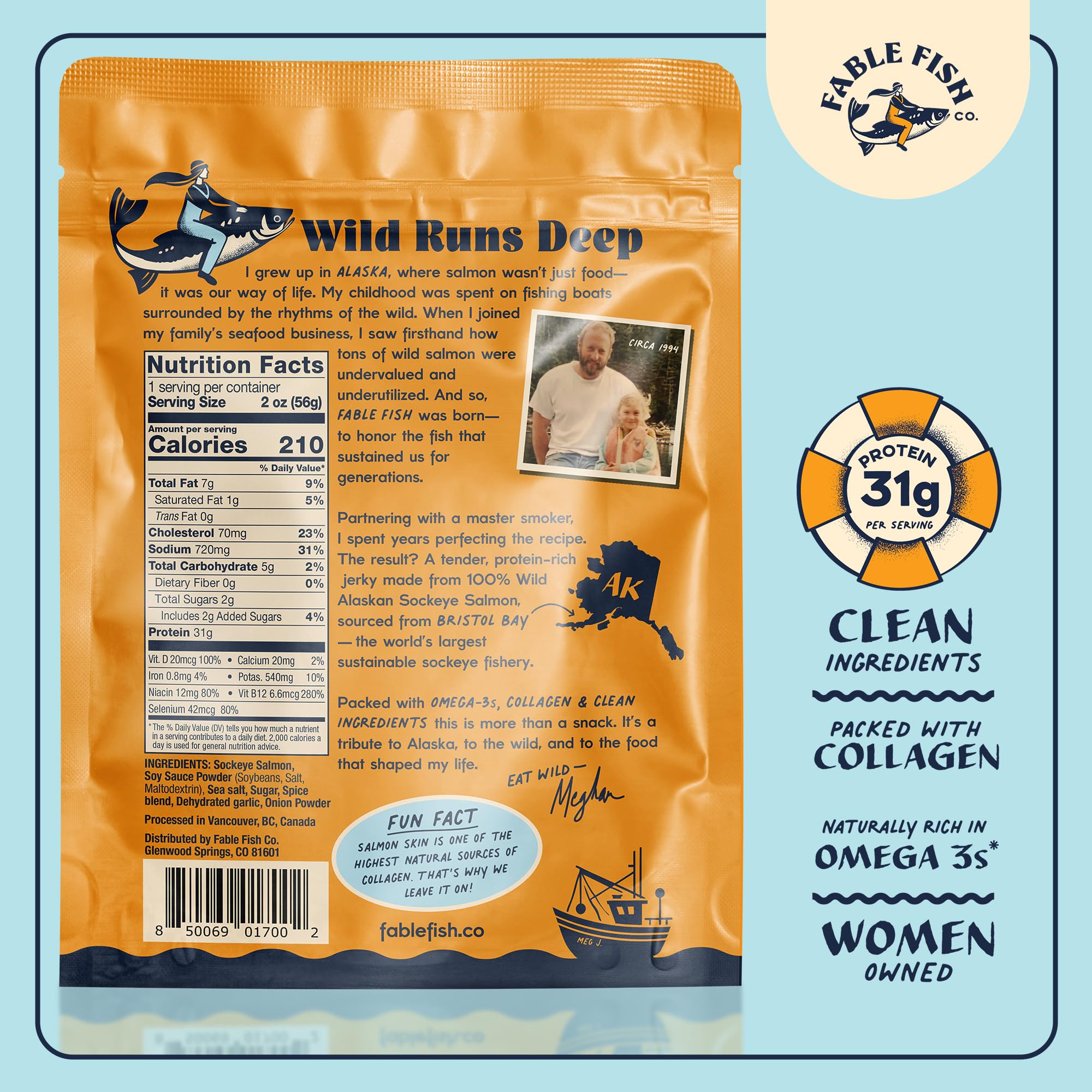 Fable Fish Wild Alaskan Salmon Jerky - Wild Caught Salmon with 31g of Protein - Tasty Fish Jerky with Omega-3s and Natural Source of Collagen - Made with Whole Muscle Sockeye - Sea Salt thumbnail 2