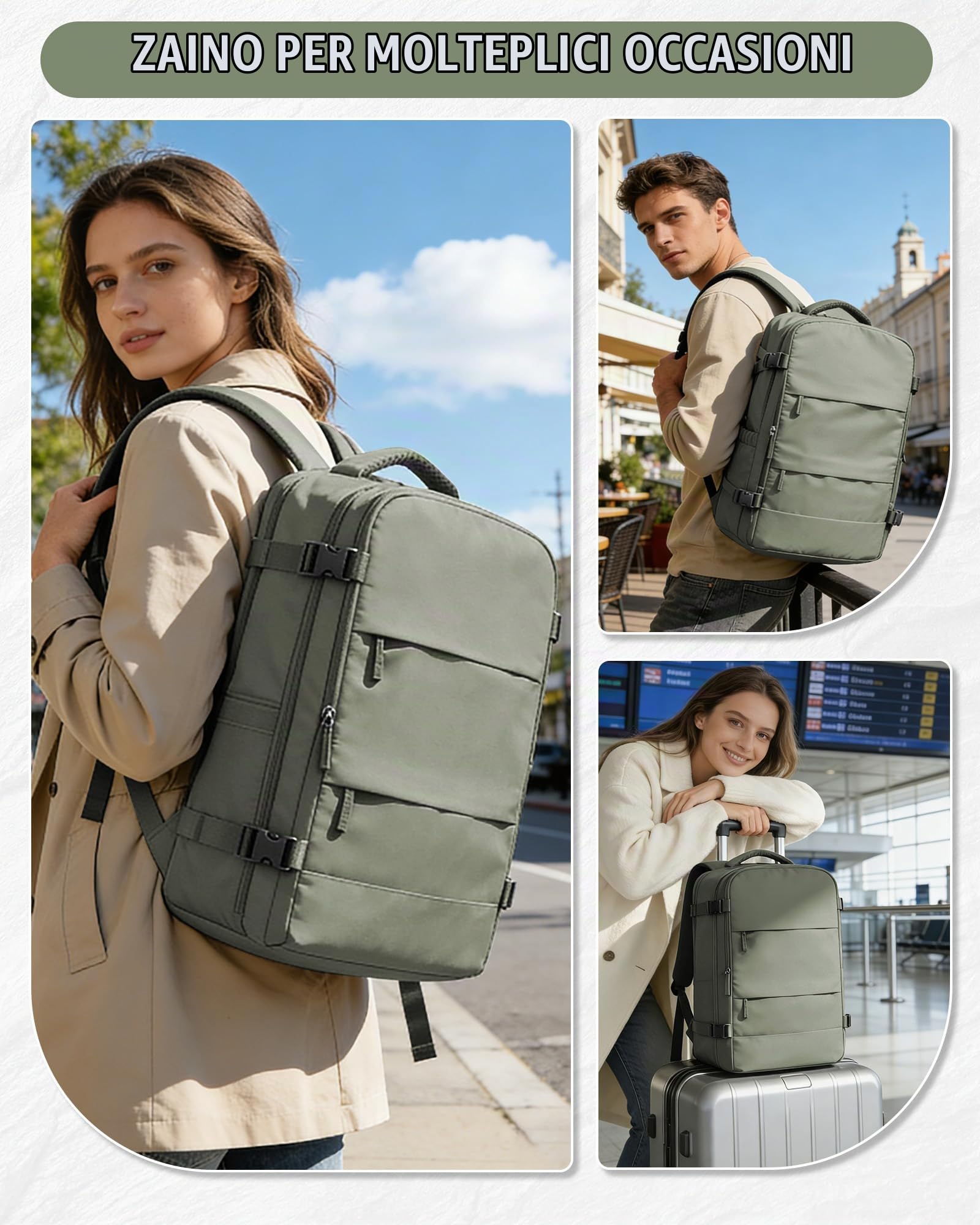 HPLQQ Zaino Ryanair 40x30x20 Sottovuoto Bagaglio a Mano Donna Zaino da Viaggio 40x30x20 Wizzair Borse da Cabina per Easyjet Uomo per Laptop 14 Pollici Trekking Casual Daypack,H03-Verde