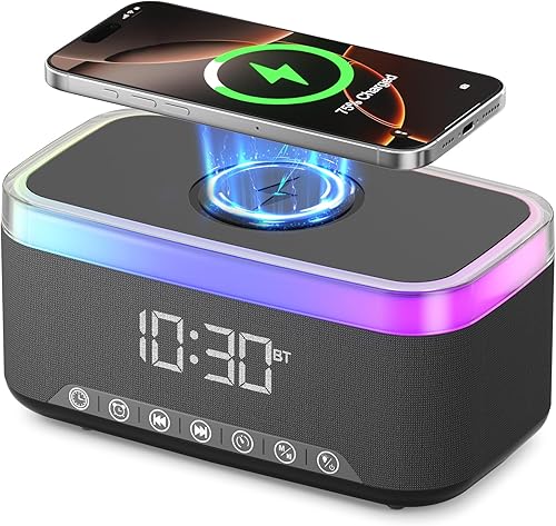 S300 Altavoz Bluetooth portátil con carga inalámbrica rápida de 15 W, máquina de sonido de ruido blanco, reloj despertador digital, radio FM, luz